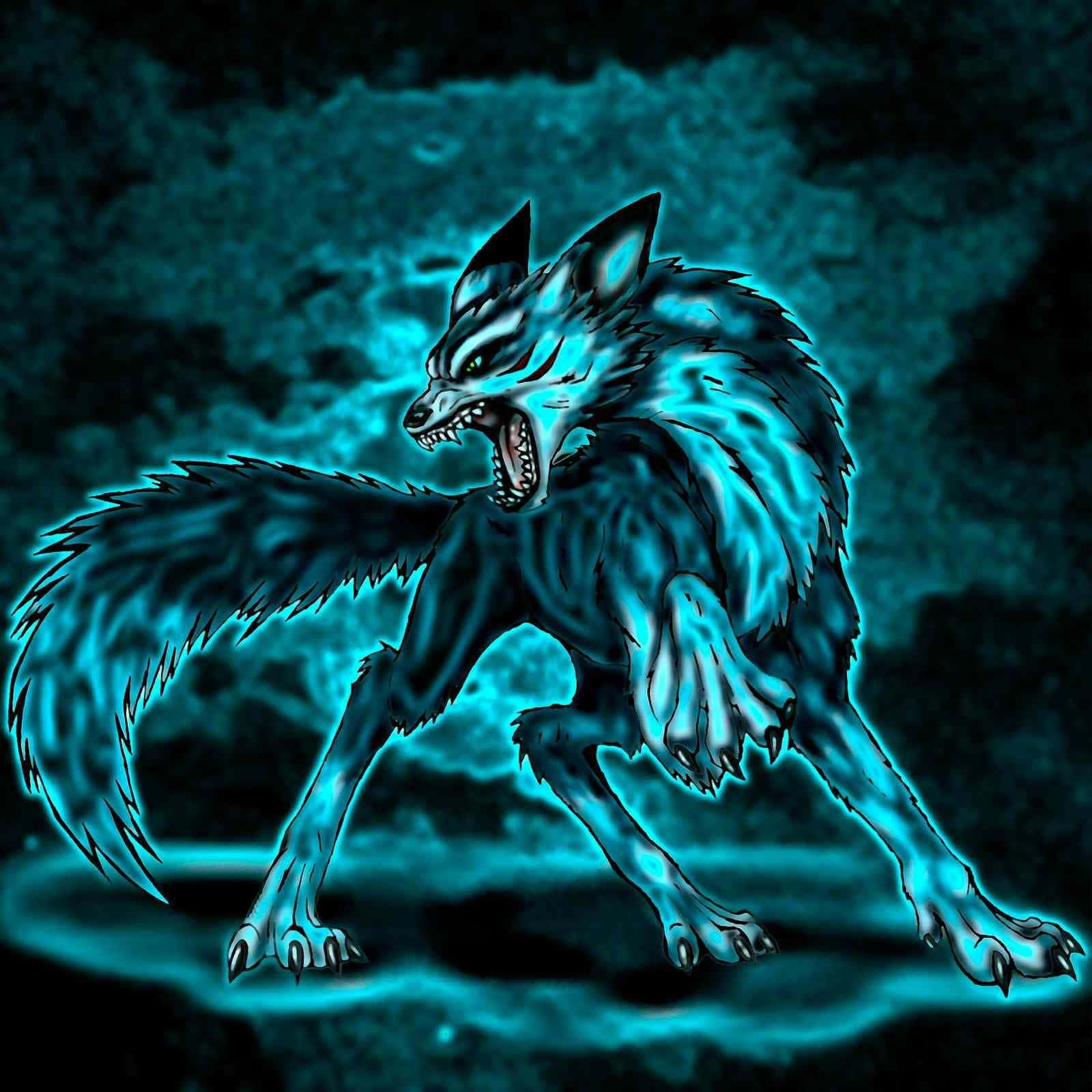 epic wolf, glowing blue werewolf, sharp teeth, HD Desktop Wallpaper