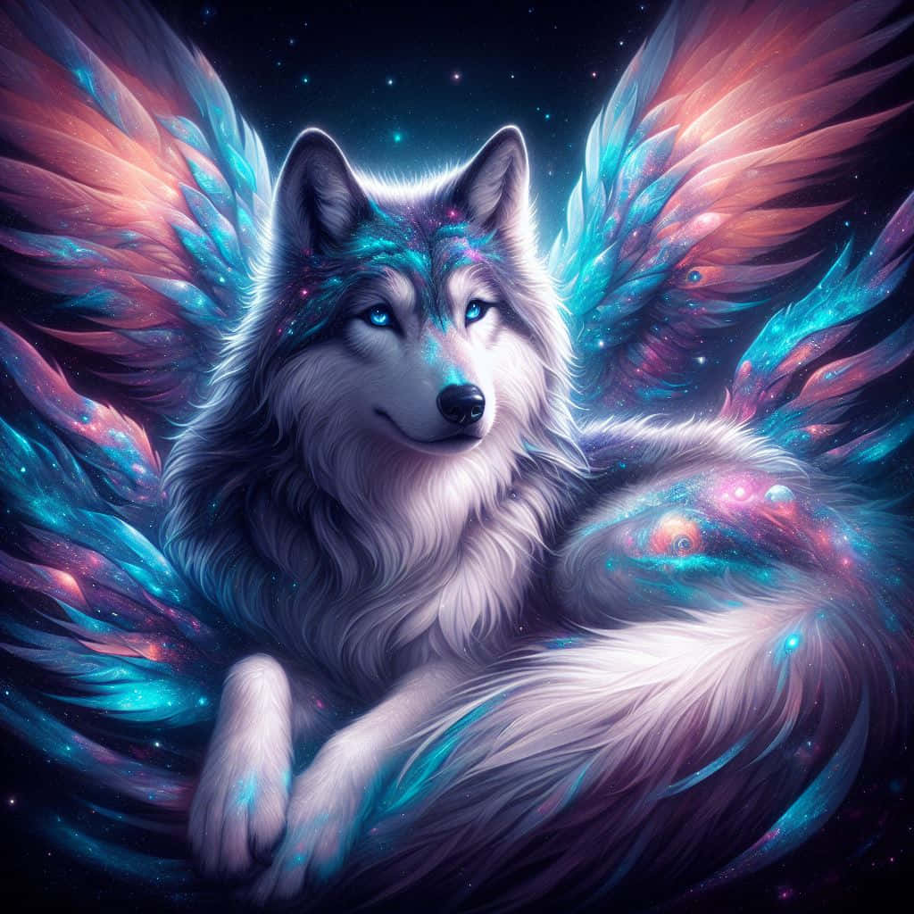 cosmic winged wolf, white wolf, glowing blue eyes, SD Desktop Wallpaper