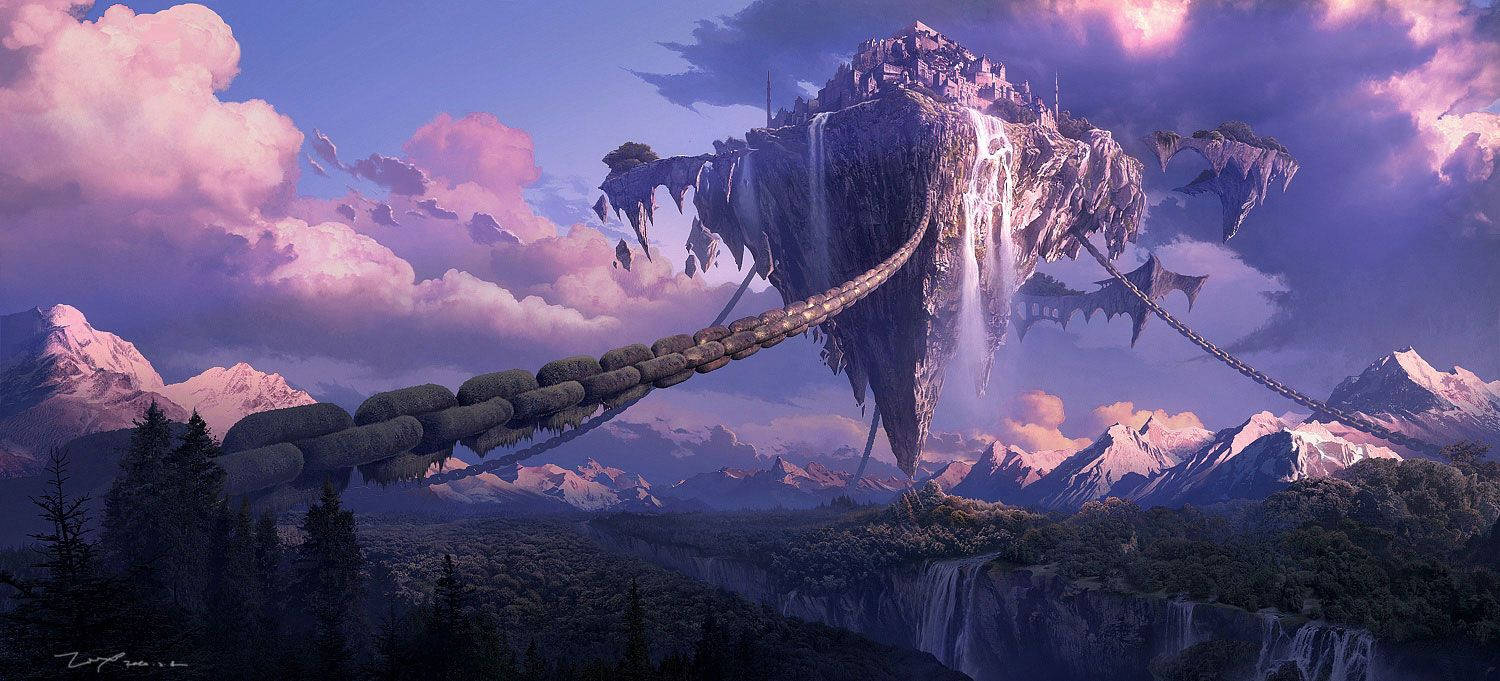 floating mountain fortress, cascading waterfalls, snowy valley, HD Desktop Wallpaper
