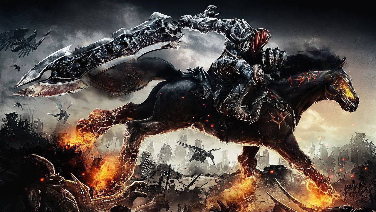 dark knight, flaming black warhorse, burning battlefield, HD Desktop Wallpaper