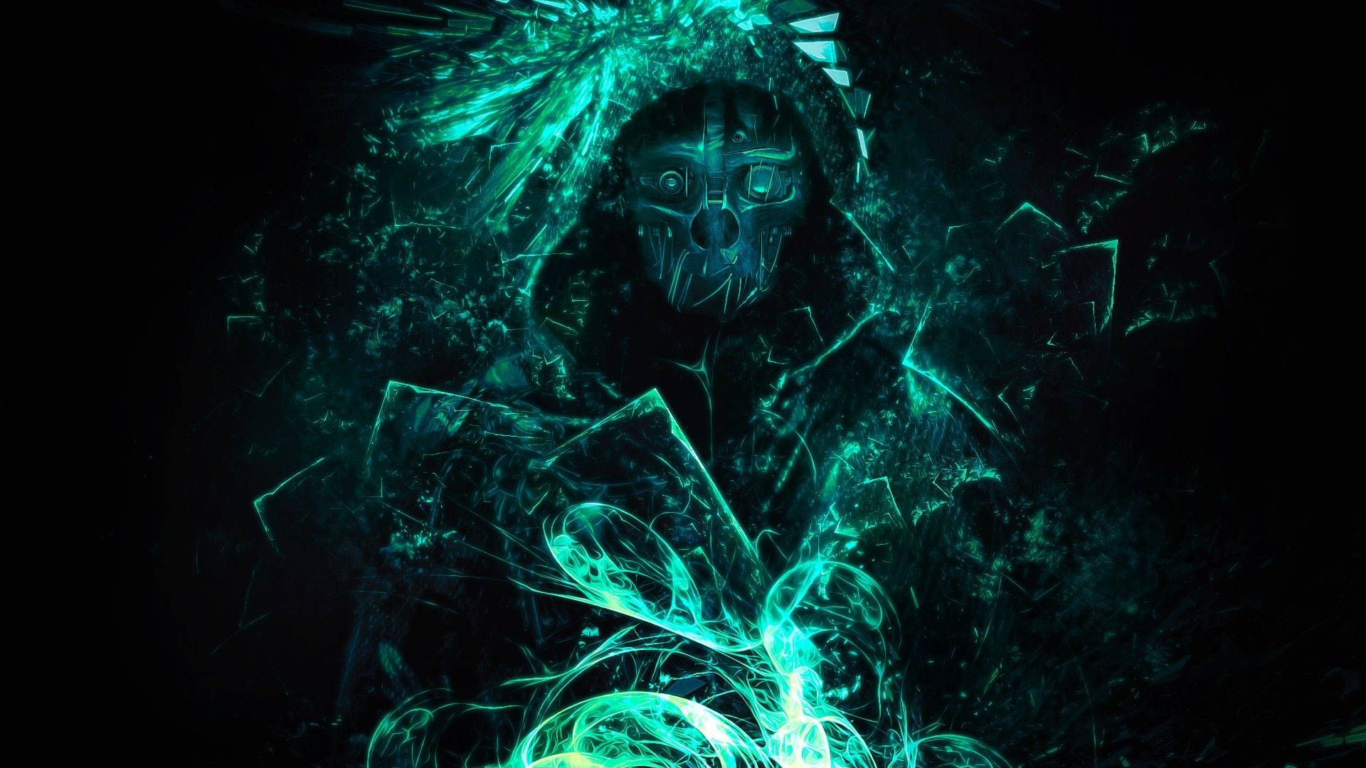 glowing teal, digital entity, shattered glass fragments, Full HD Desktop Wallpaper