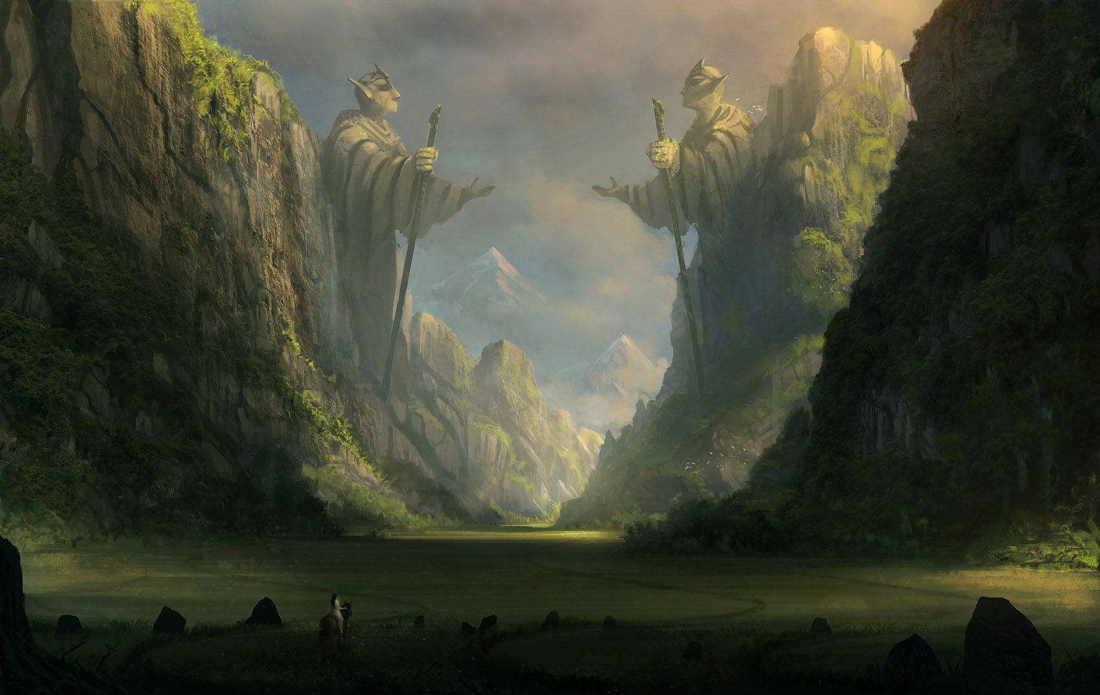 colossal stone giants, misty mountain valley, serene lake, HD Desktop Wallpaper