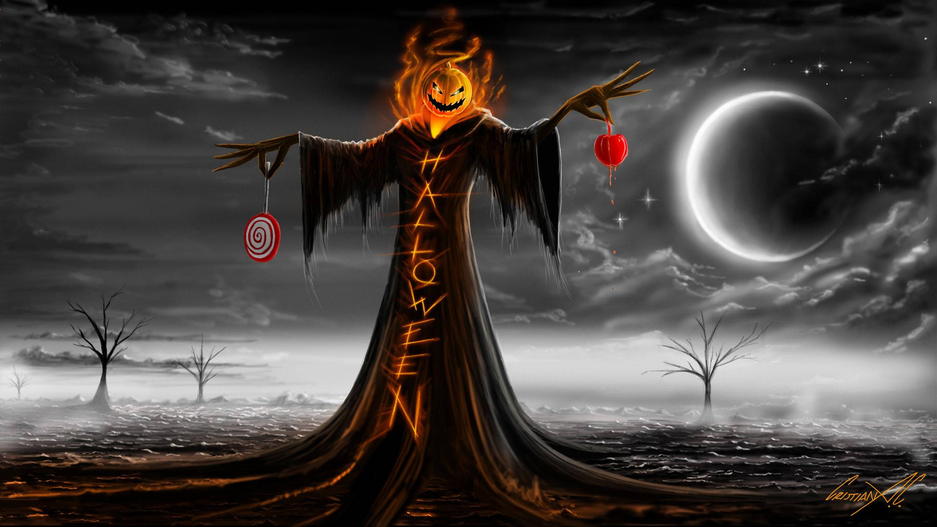 Epic Halloween Scarecrow, jack-o-lantern-headed scarecrow, glowing orange eyes, Full HD Desktop Wallpaper