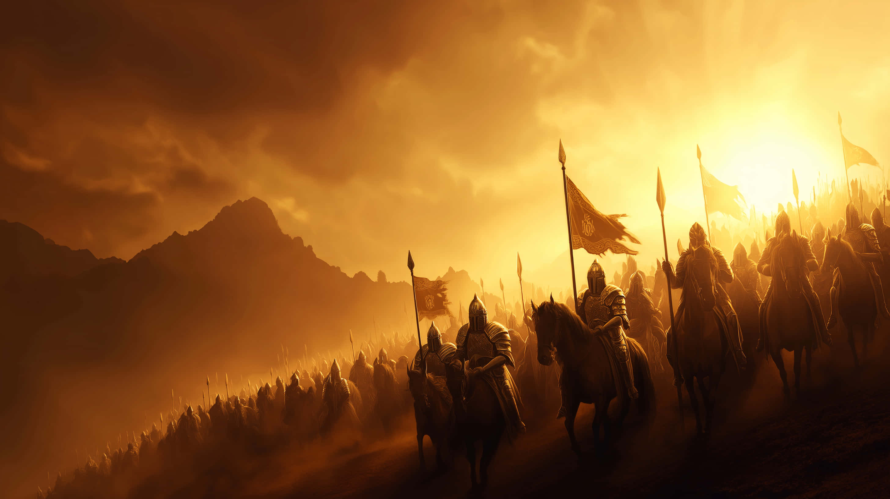 massive army of knights, armored knights on horseback, dusty plain, 2K Desktop Wallpaper