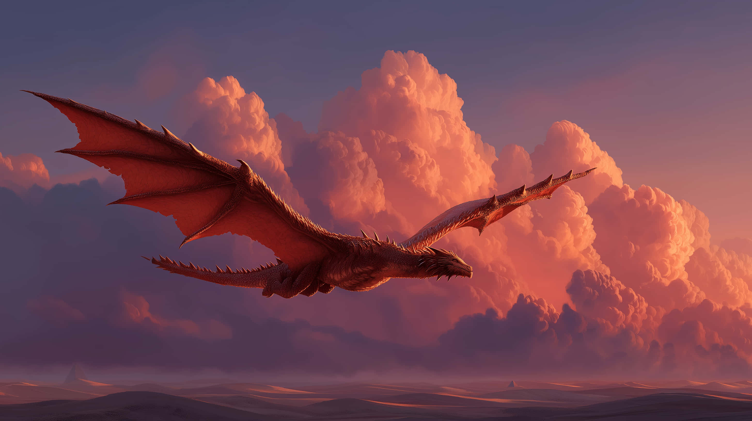 majestic dragon, desert, sunset, 2K Desktop Wallpaper