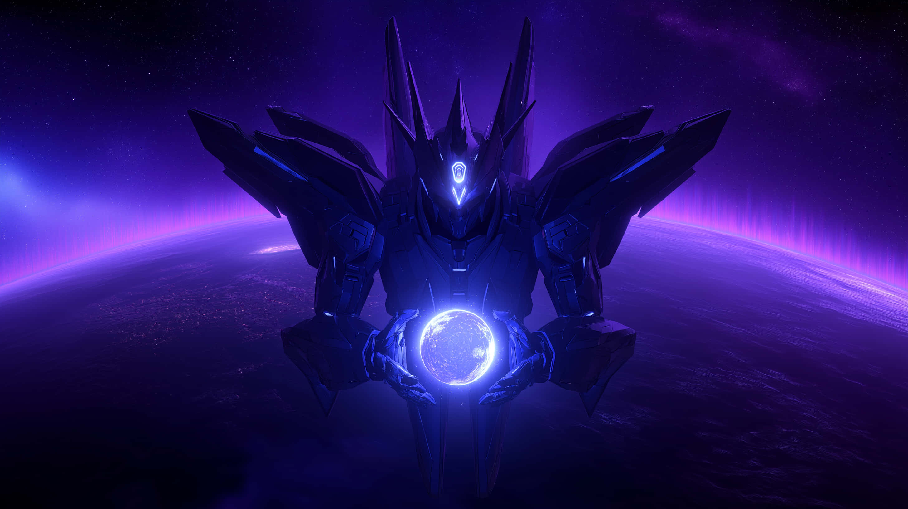 imposing mecha, luminous orb, distant planet, 2K Desktop Wallpaper