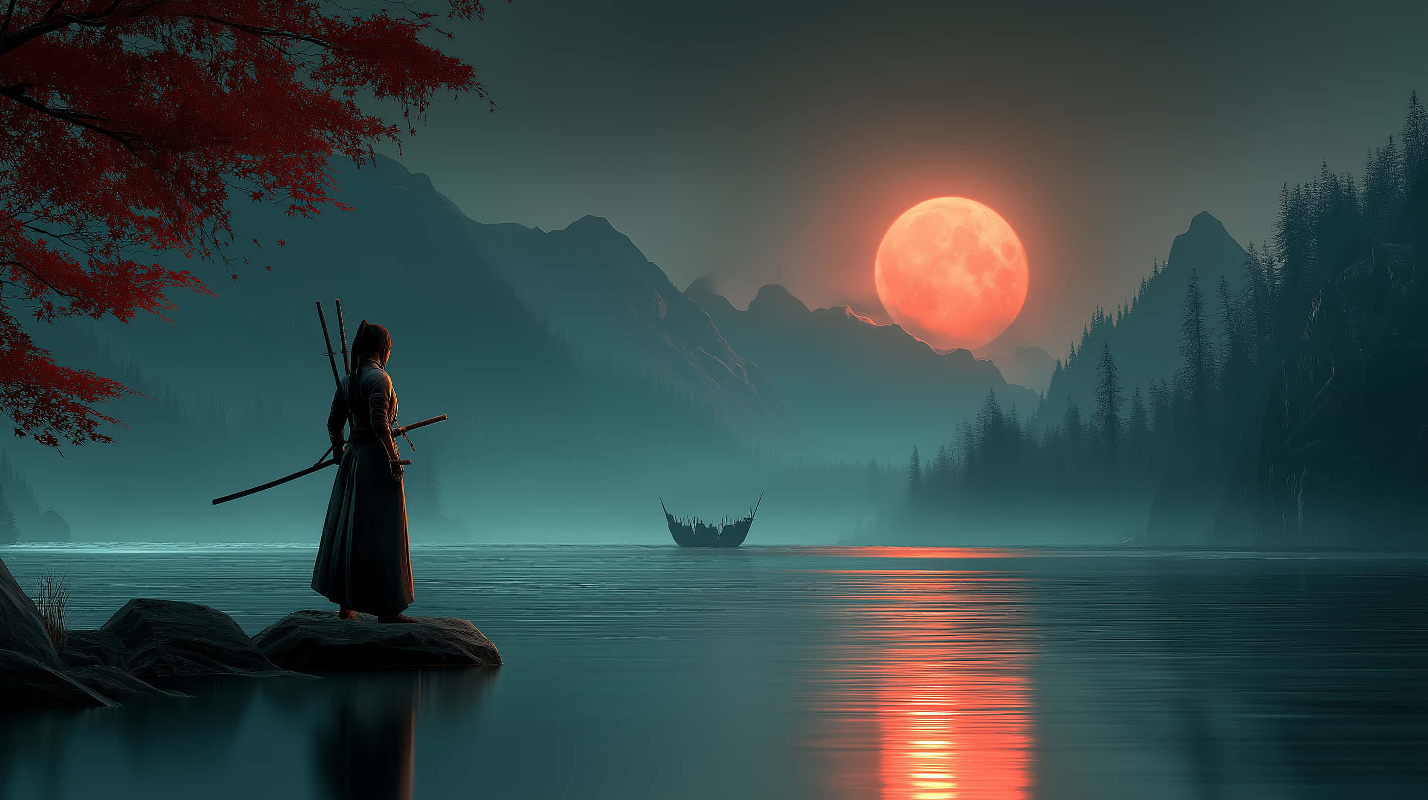 samurai, red moon, serene lake, 2K Desktop Wallpaper