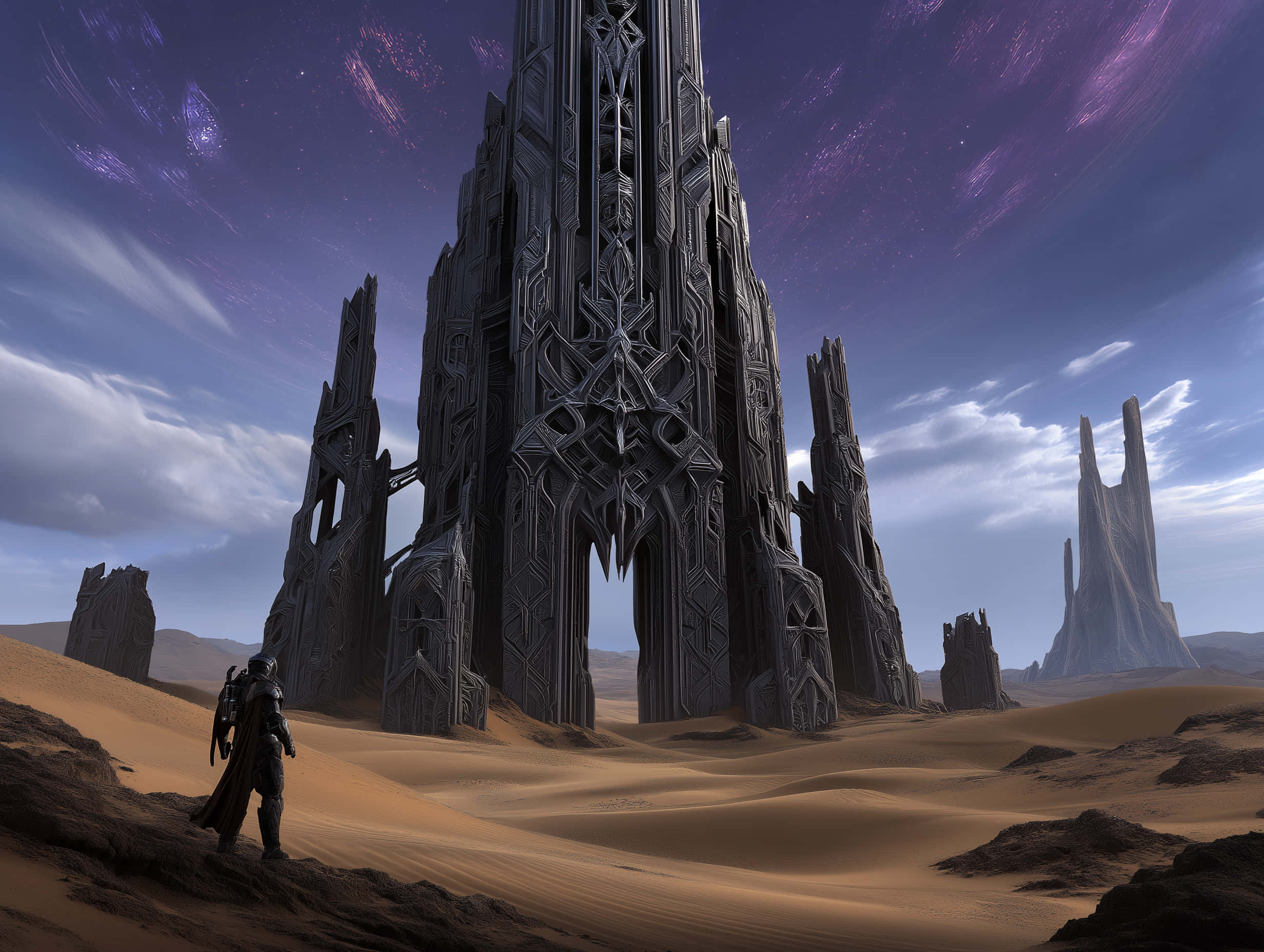 warrior, desert, ancient alien gothic architecture, Full HD Desktop Wallpaper