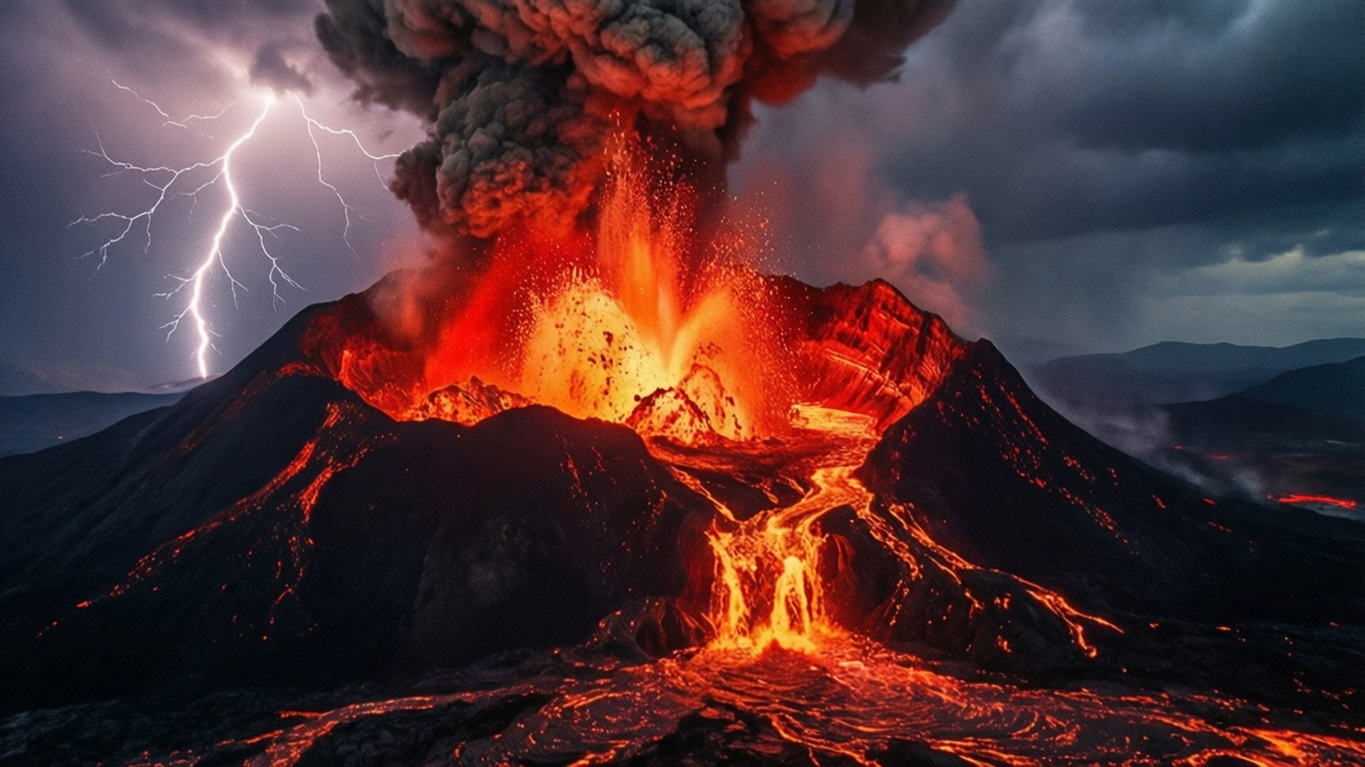 volcano, glowing lava flows, massive ash cloud, Full HD Desktop Wallpaper