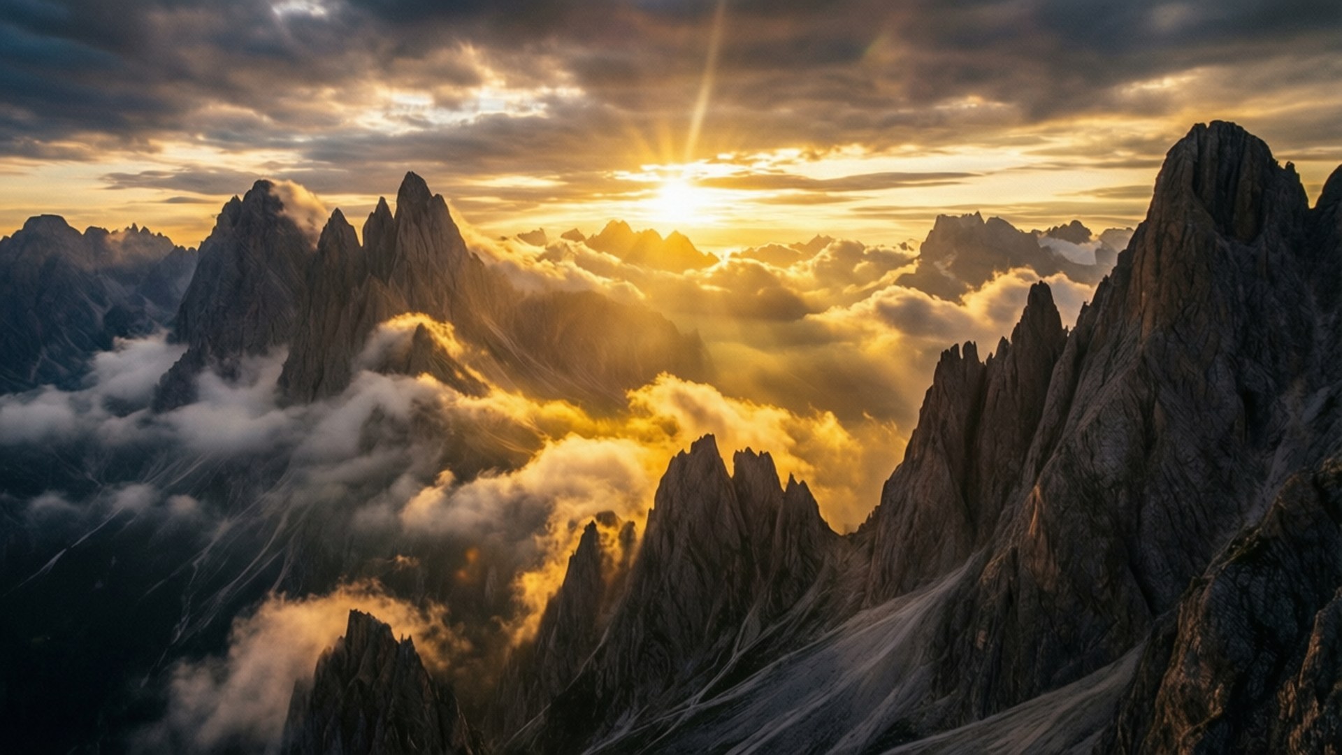 Epic Mountain Sunrise, sunburst, storm clouds, Full HD Desktop Wallpaper