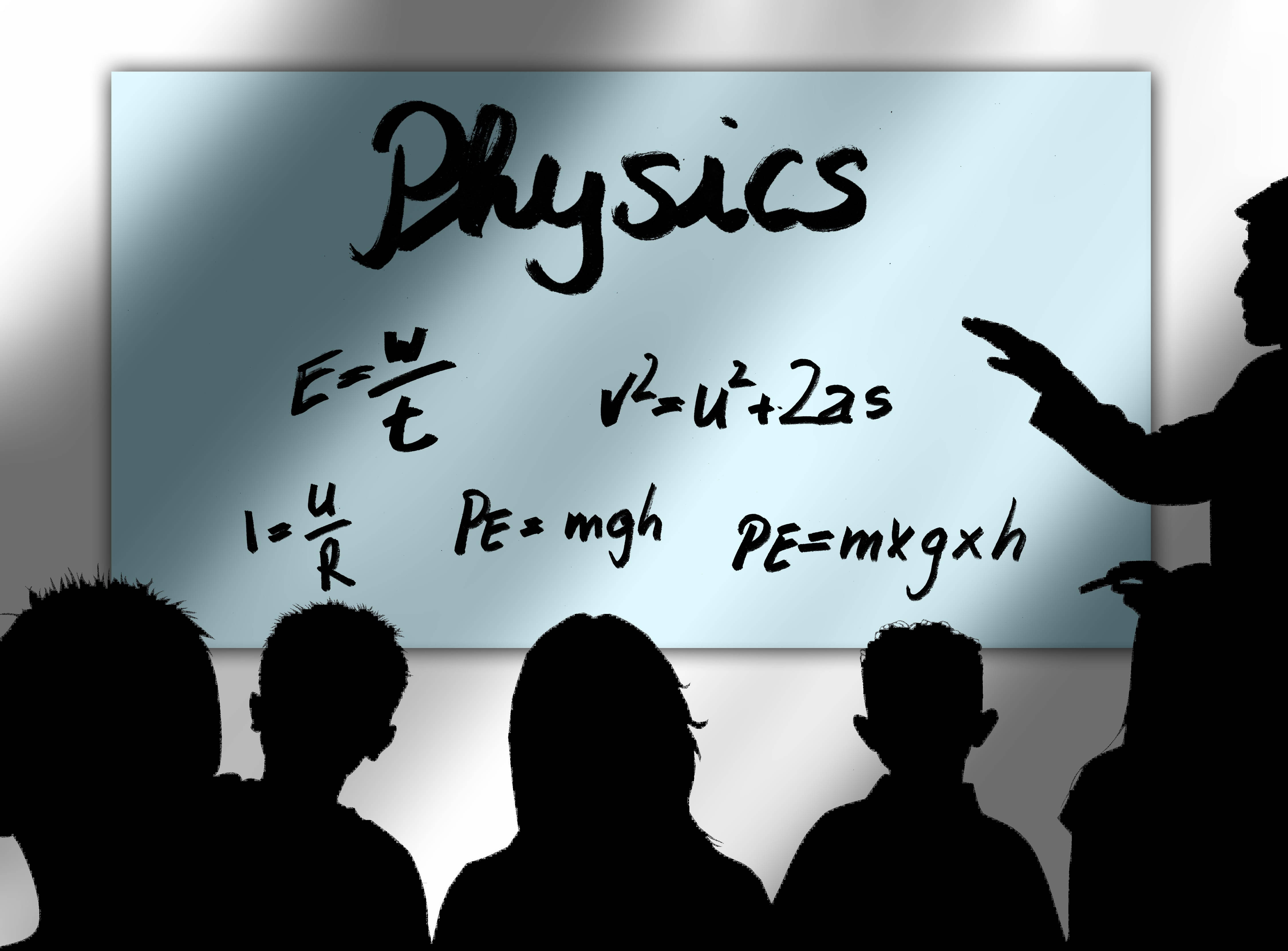 physics equations, glowing whiteboard, silhouetted students, 4K Desktop Wallpaper