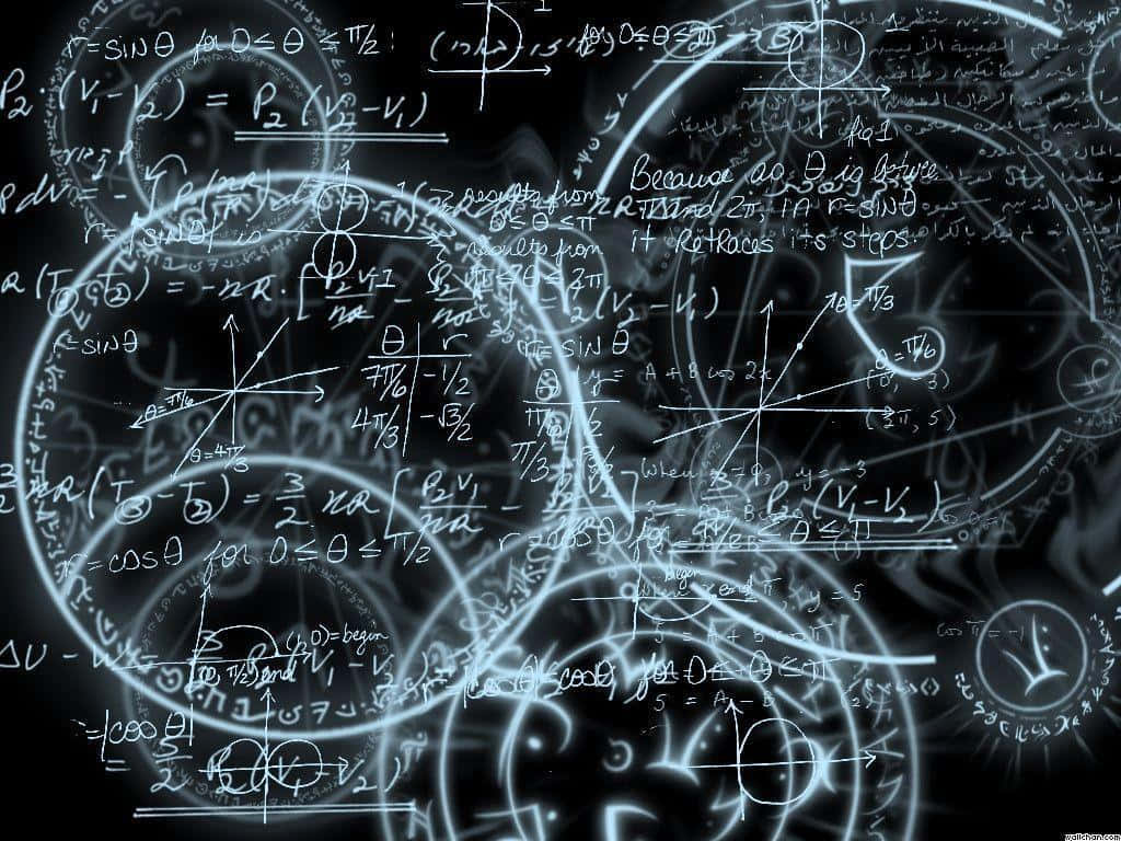 glowing white mathematical equations, geometric diagrams, chaotic scientific style, SD Desktop Wallpaper