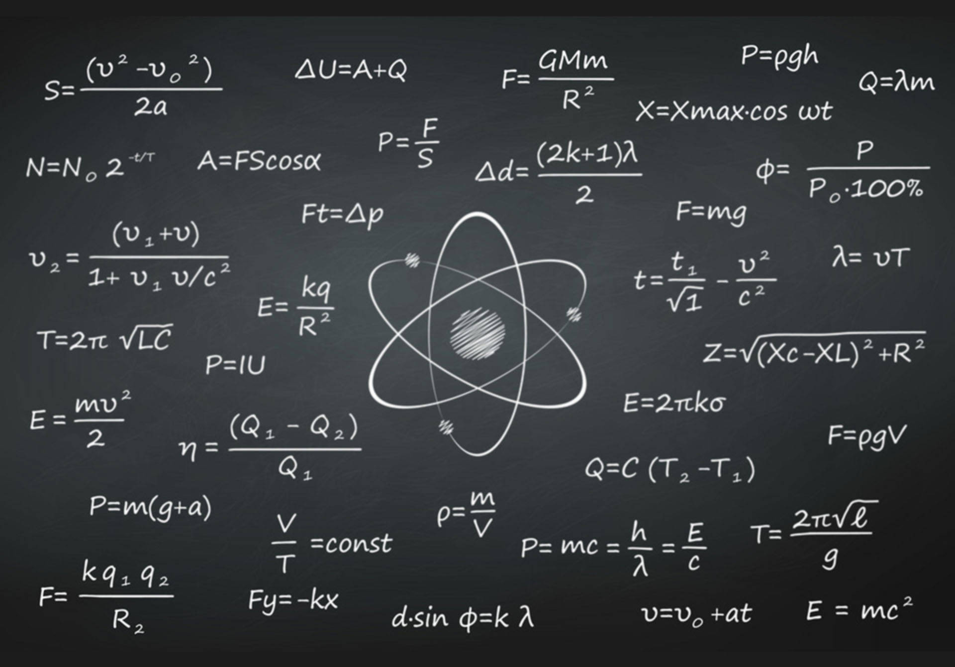 chalkboard, physics equations, atom diagram, Full HD Desktop Wallpaper
