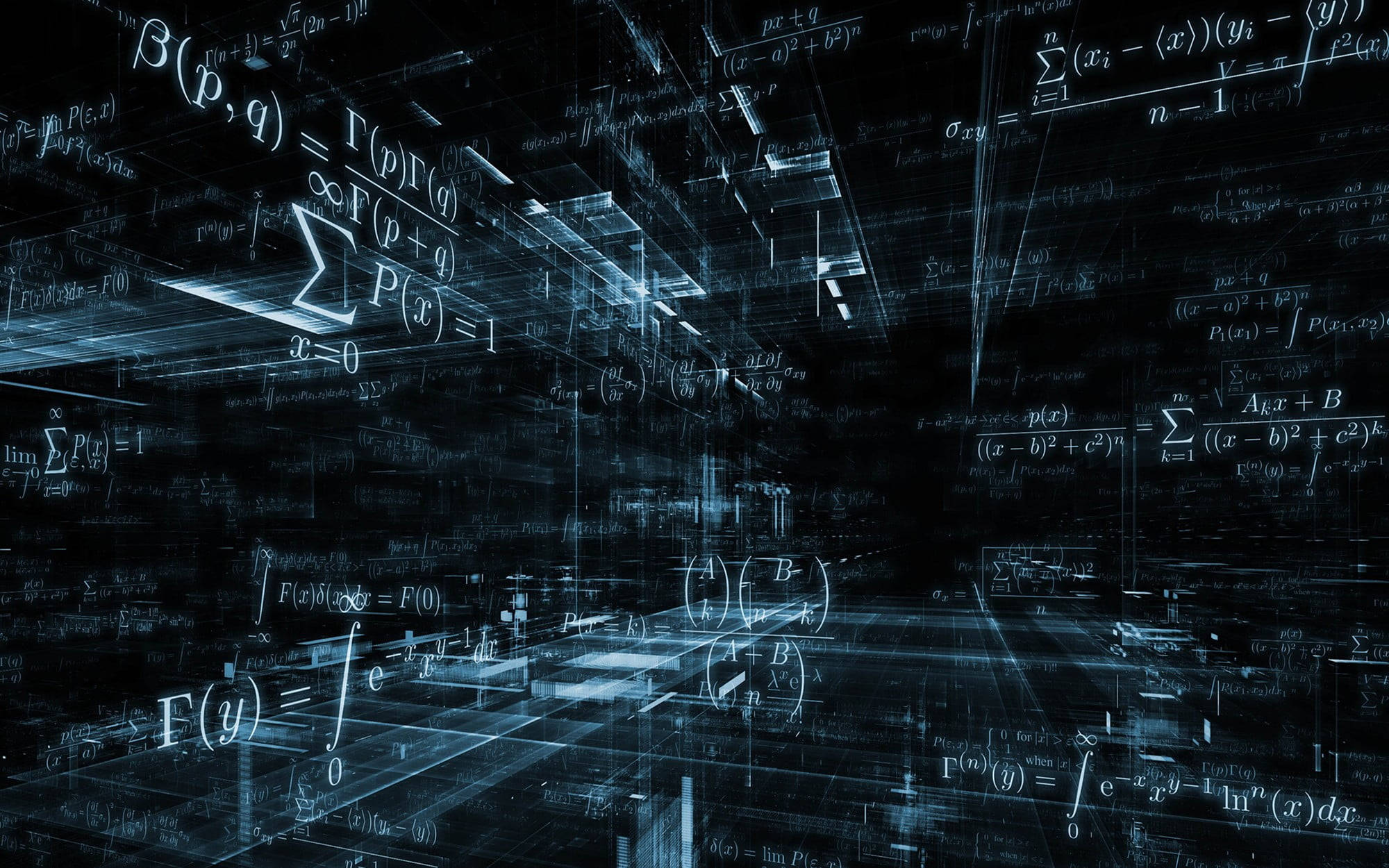 fractal physics equations, glowing blue mathematical equations, futuristic digital space, Full HD Desktop Wallpaper