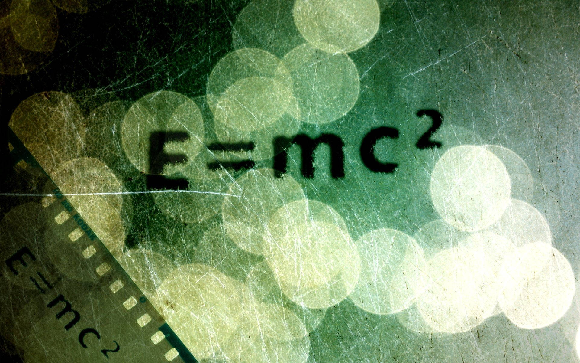 E=mc², vintage film strip, green bokeh lights, Full HD Desktop Wallpaper