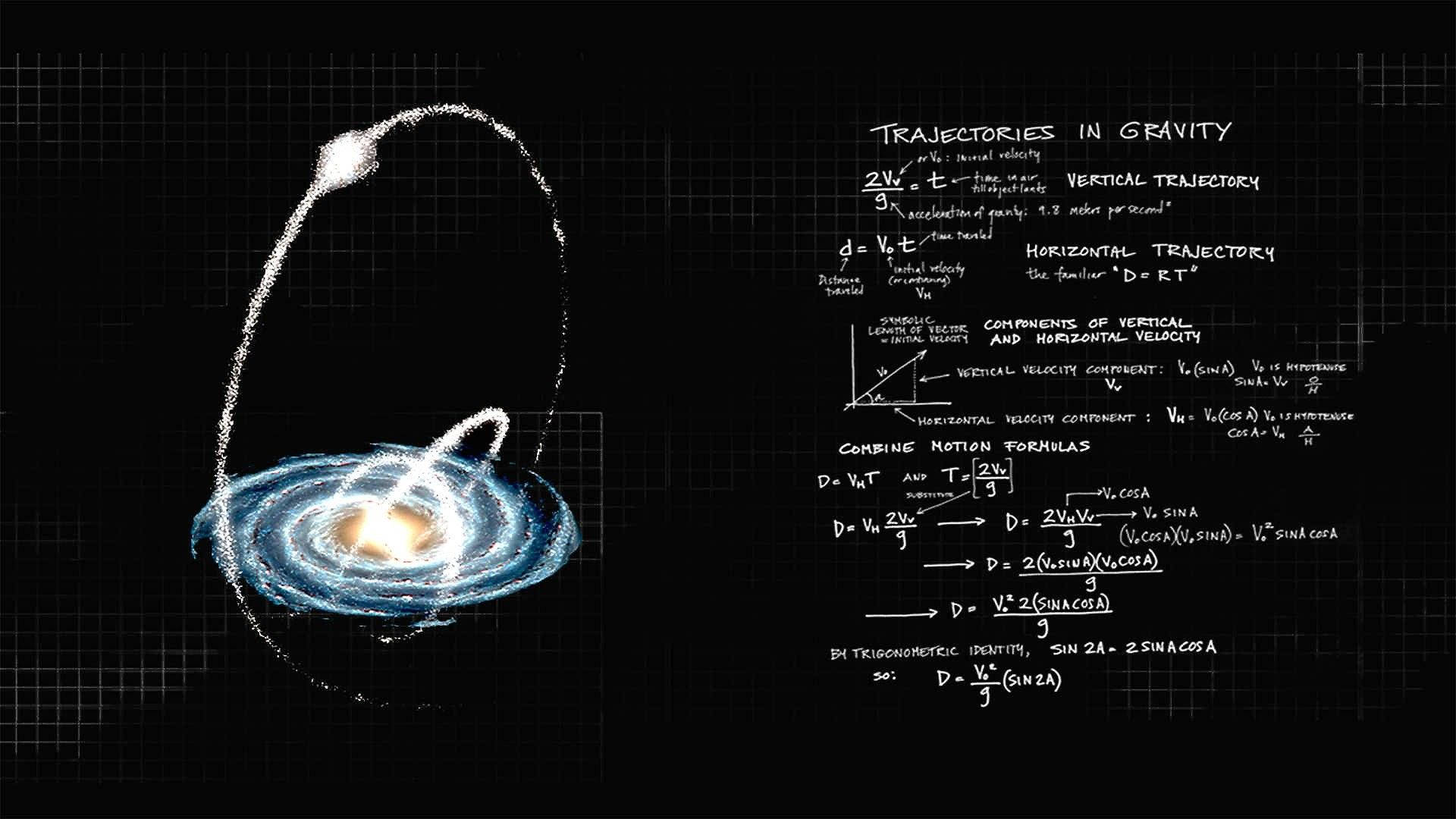 glowing spiral galaxy, orbiting celestial bodies, chalk, Full HD Desktop Wallpaper