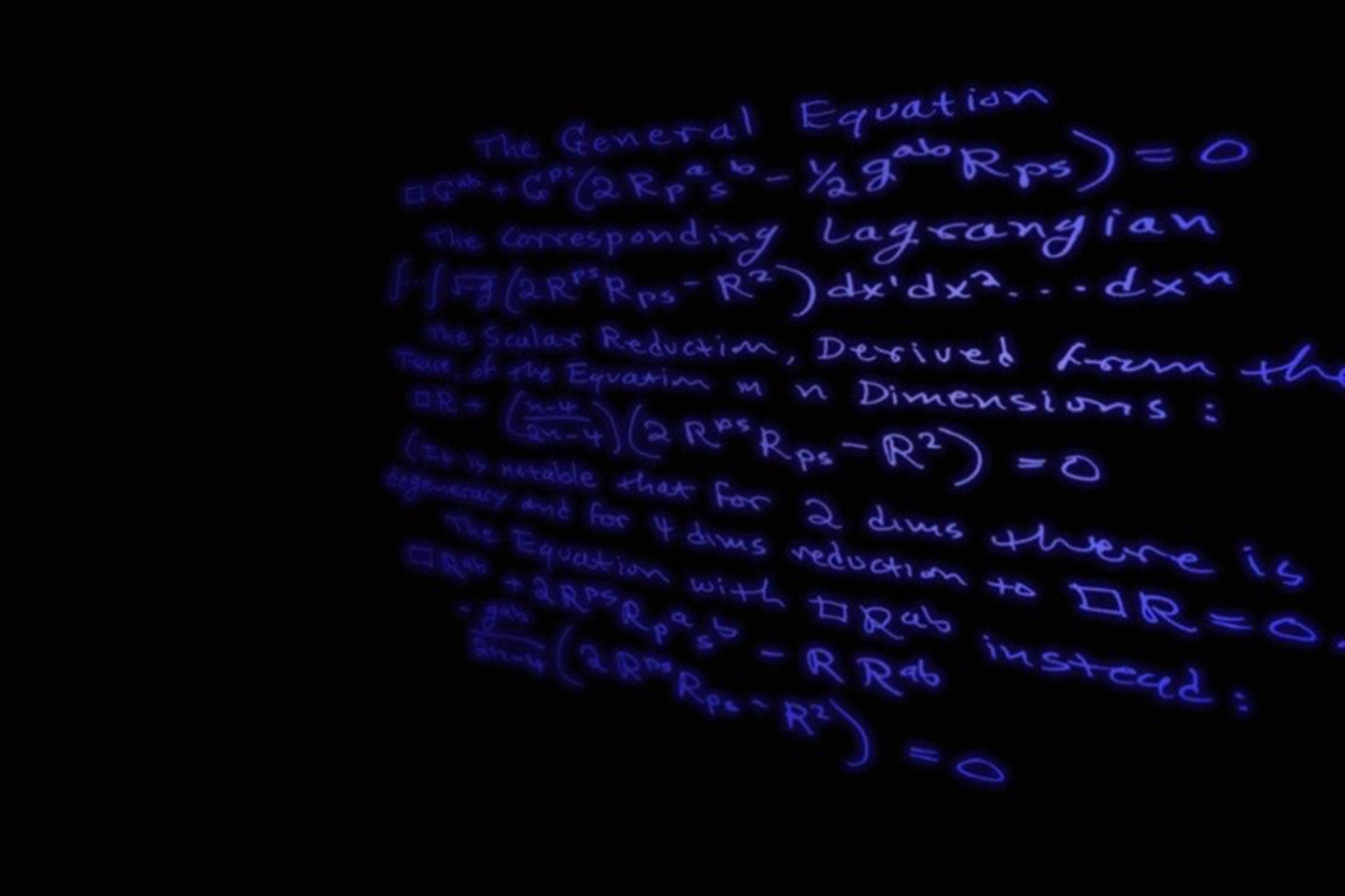 glowing blue, handwritten physics equations, pitch-black background, Full HD Desktop Wallpaper