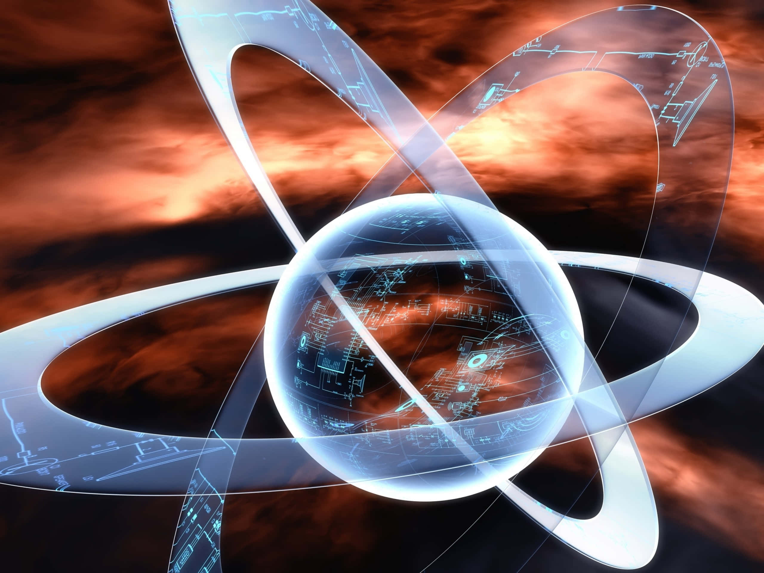 quantum atom, circuitry overlays, fiery orange, 2K Desktop Wallpaper