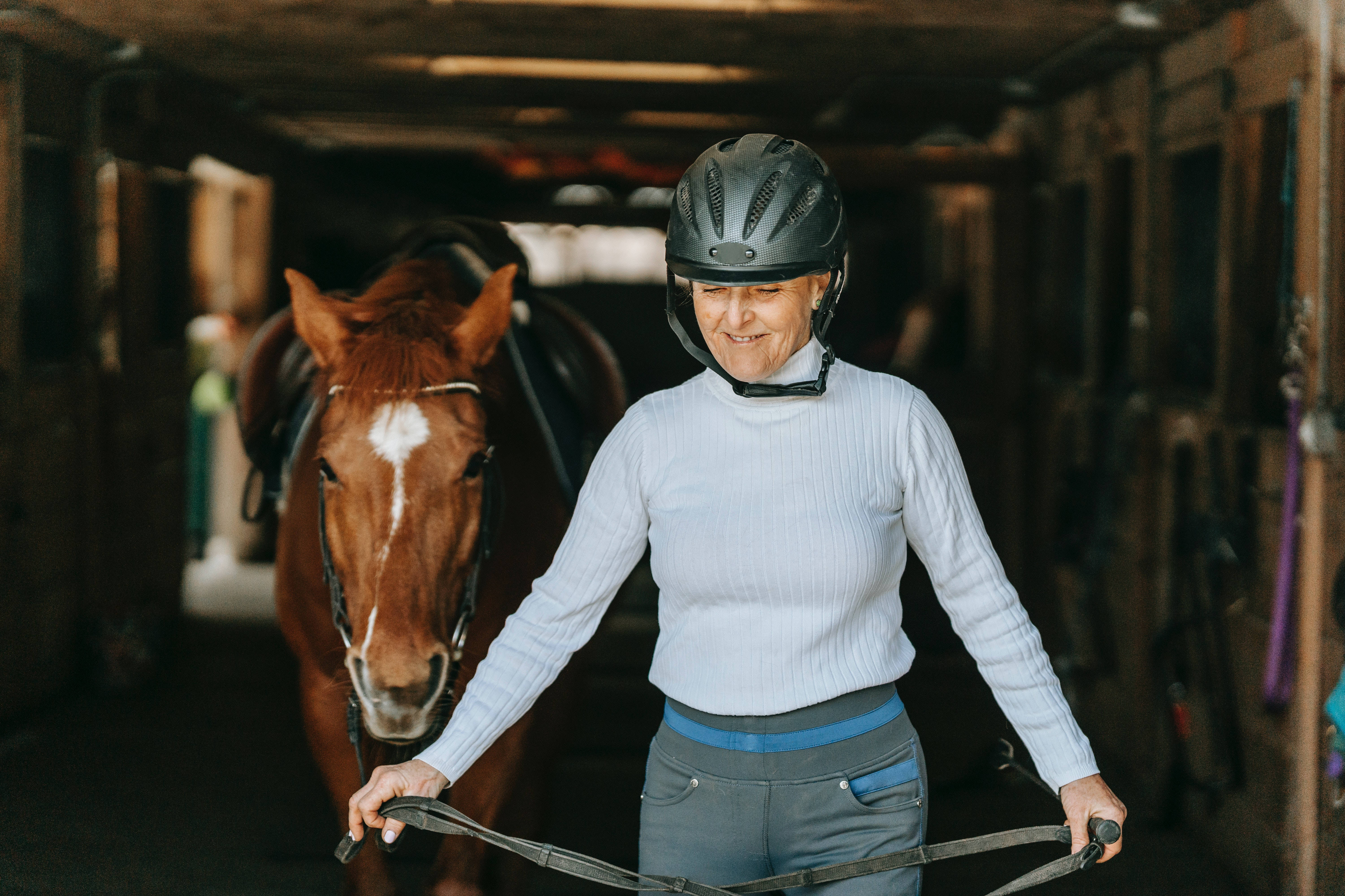 mature equestrian woman, chestnut horse, white blaze, 5K Desktop Wallpaper