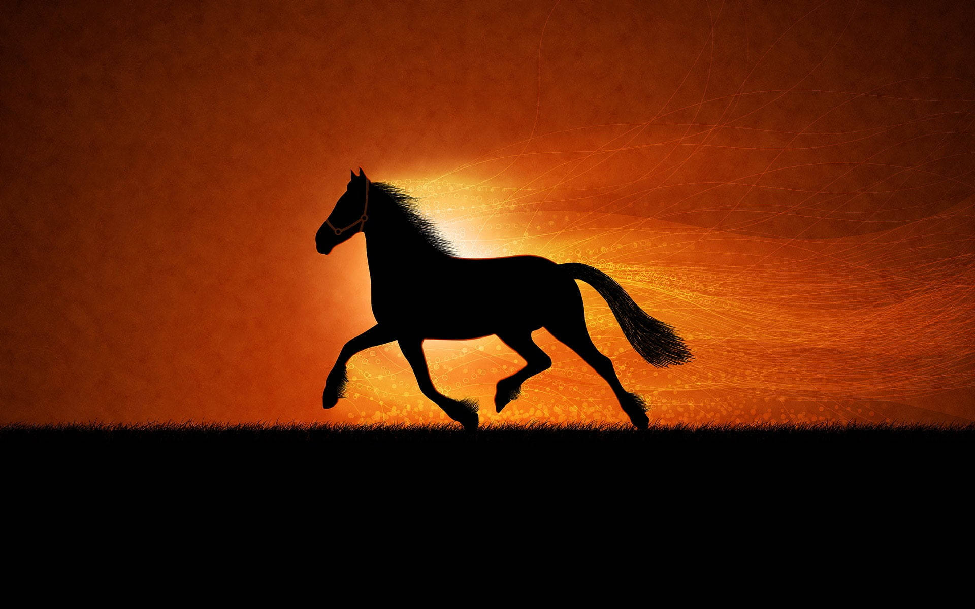 Running Horse Silhouette, glowing orange sunset sky, flowing light trails, Full HD Desktop Wallpaper