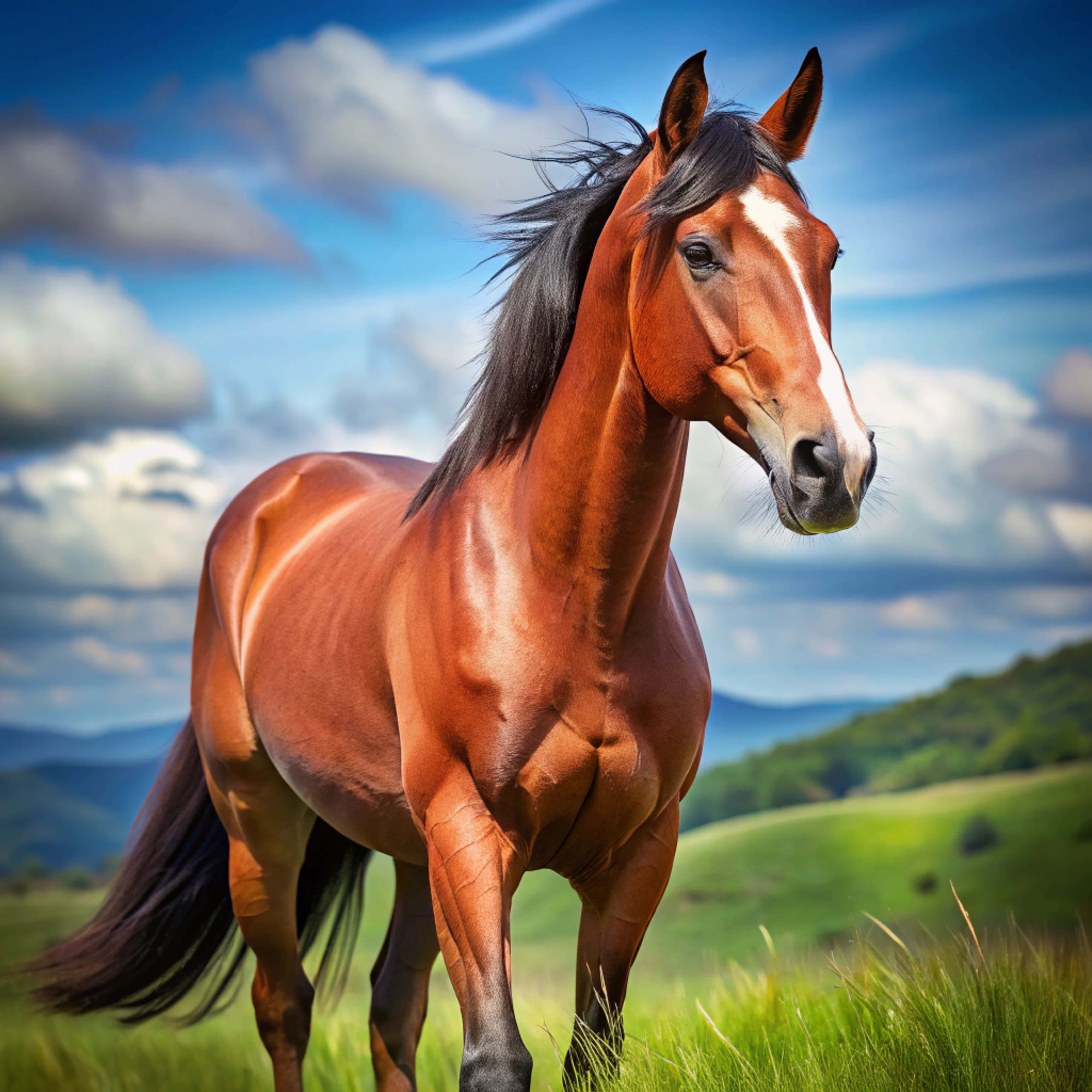 chestnut horse, black mane, white blaze, 8K Desktop Wallpaper