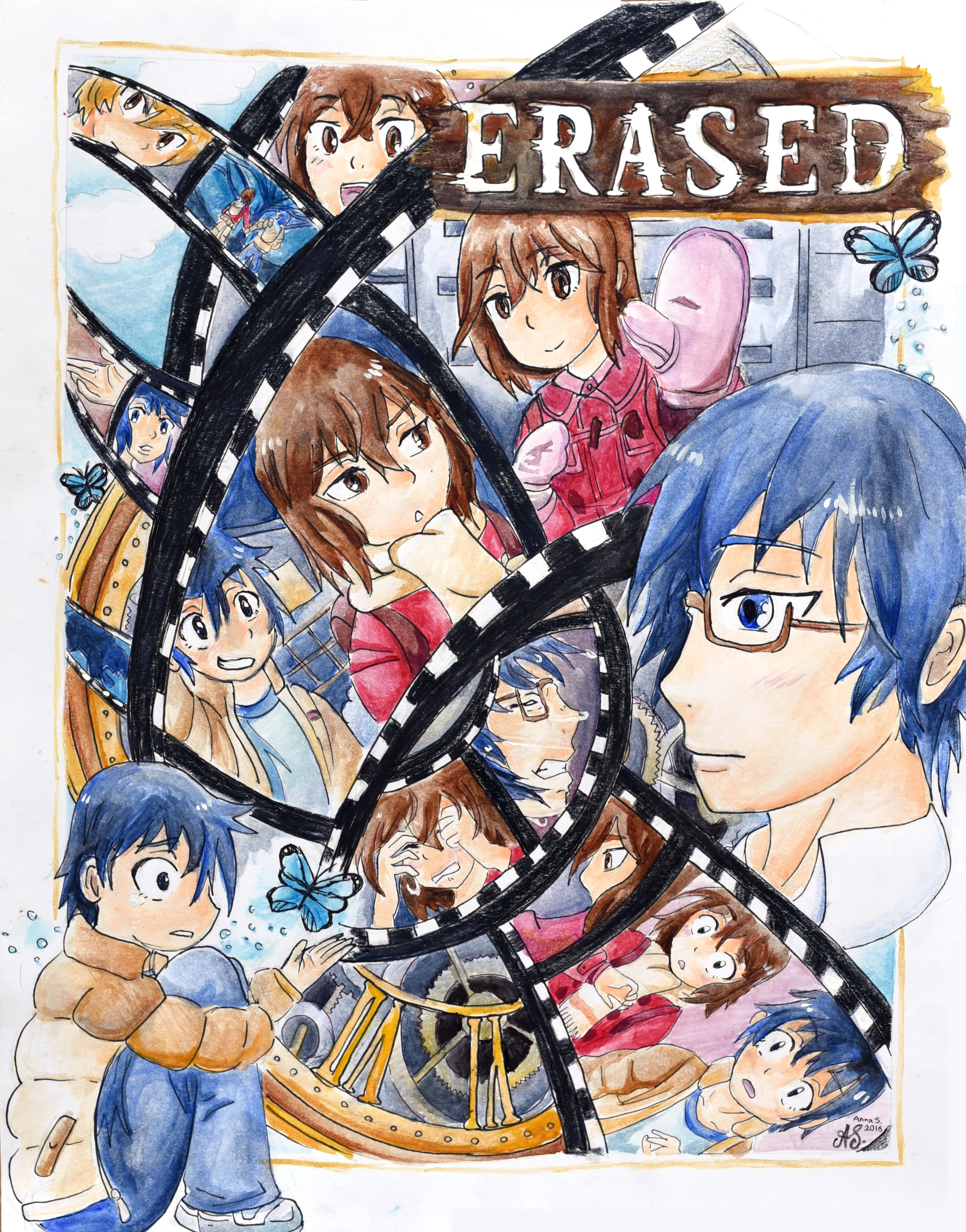 ERASED, anime characters, broken film strip, 4K Phone Wallpaper