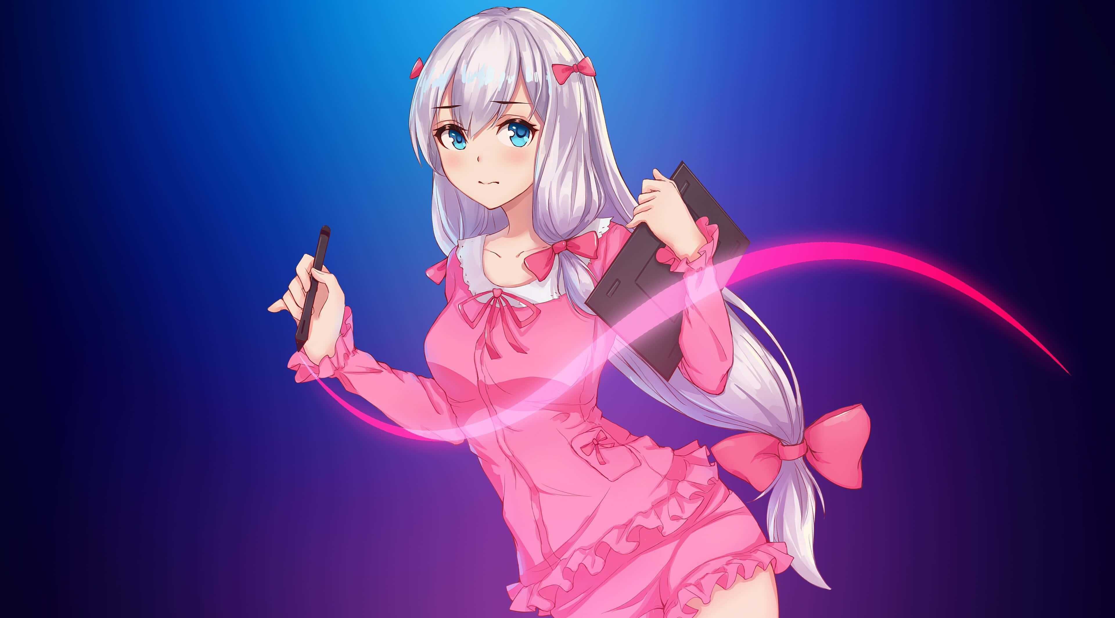 pink dress, silver hair, stylus, 4K Desktop Wallpaper