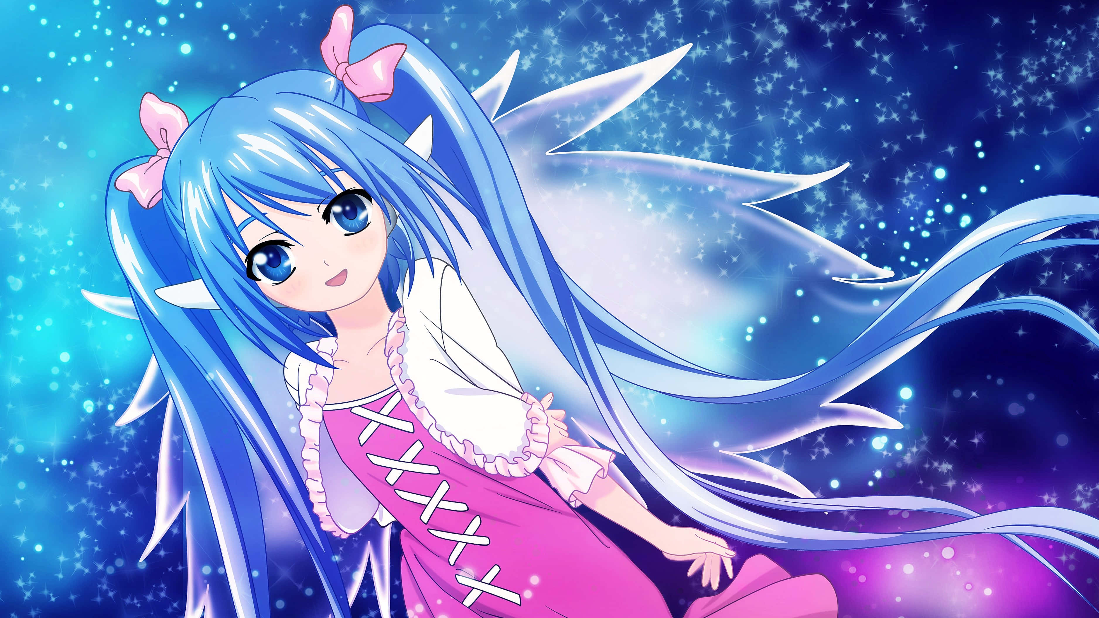 anime girl, blue hair, pink dress, 2K Desktop Wallpaper