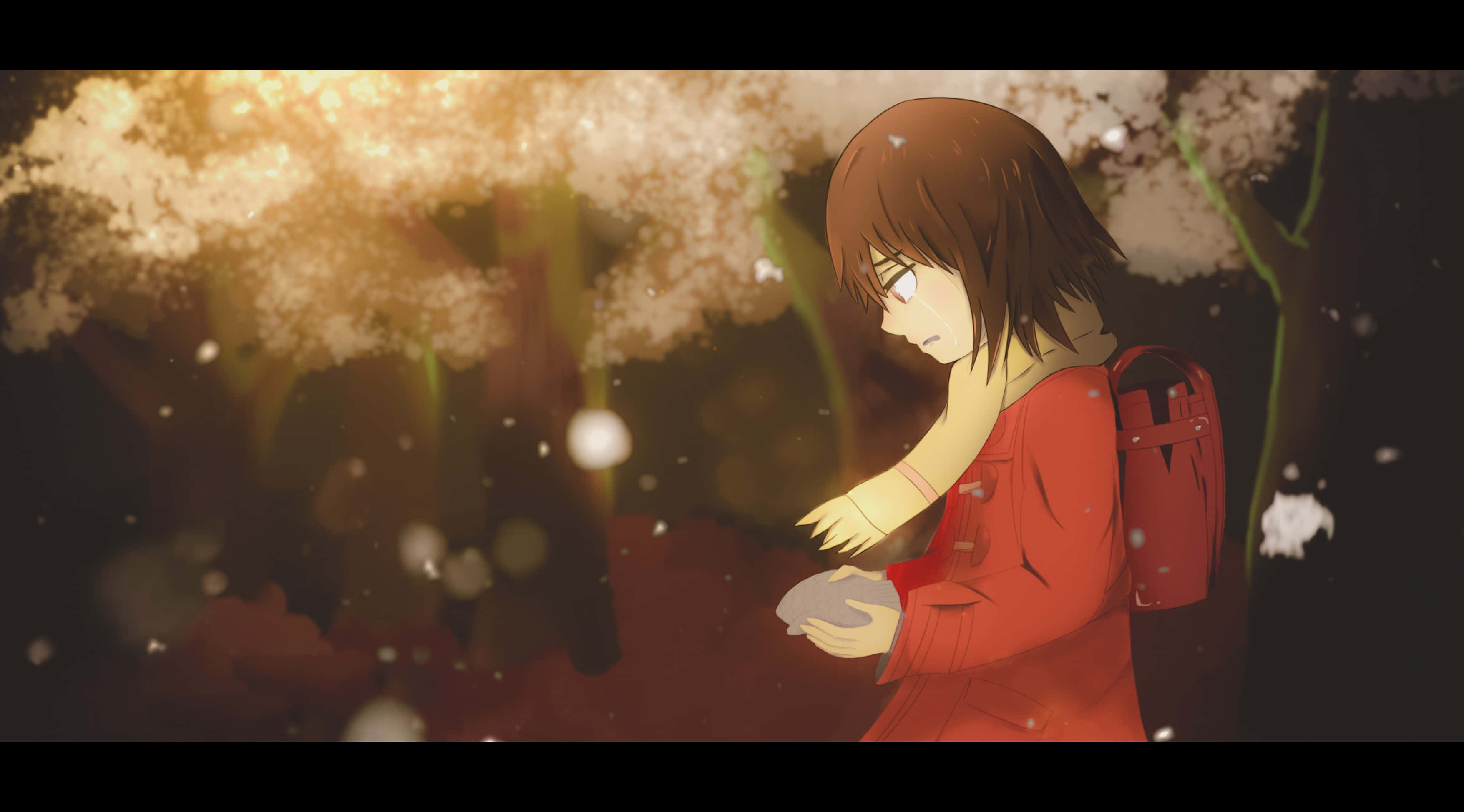 Erased 4K, red coat, glowing cherry blossoms, 2K Desktop Wallpaper