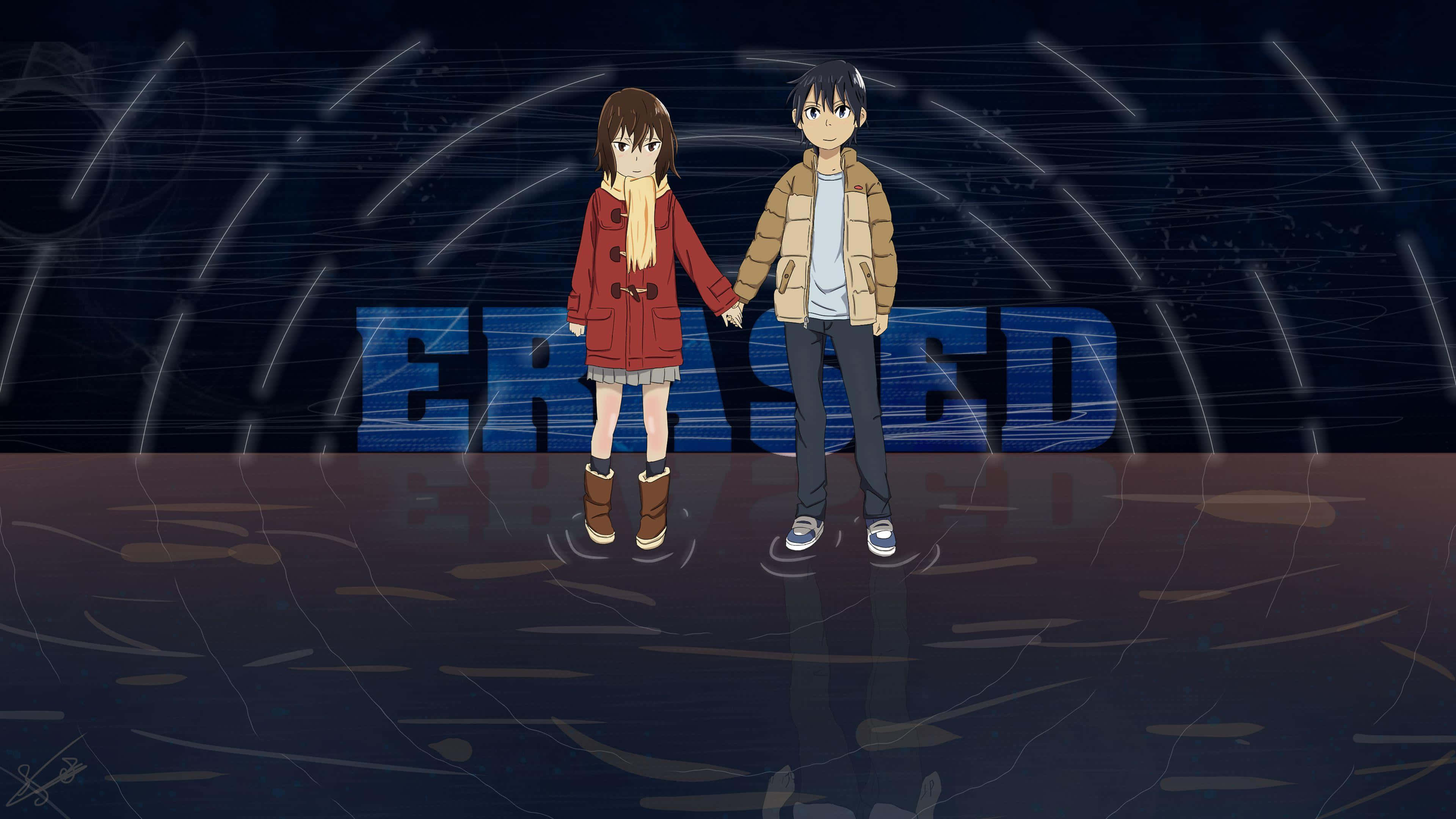 ERASED, glowing blue, dark rainy backdrop, 4K Desktop Wallpaper