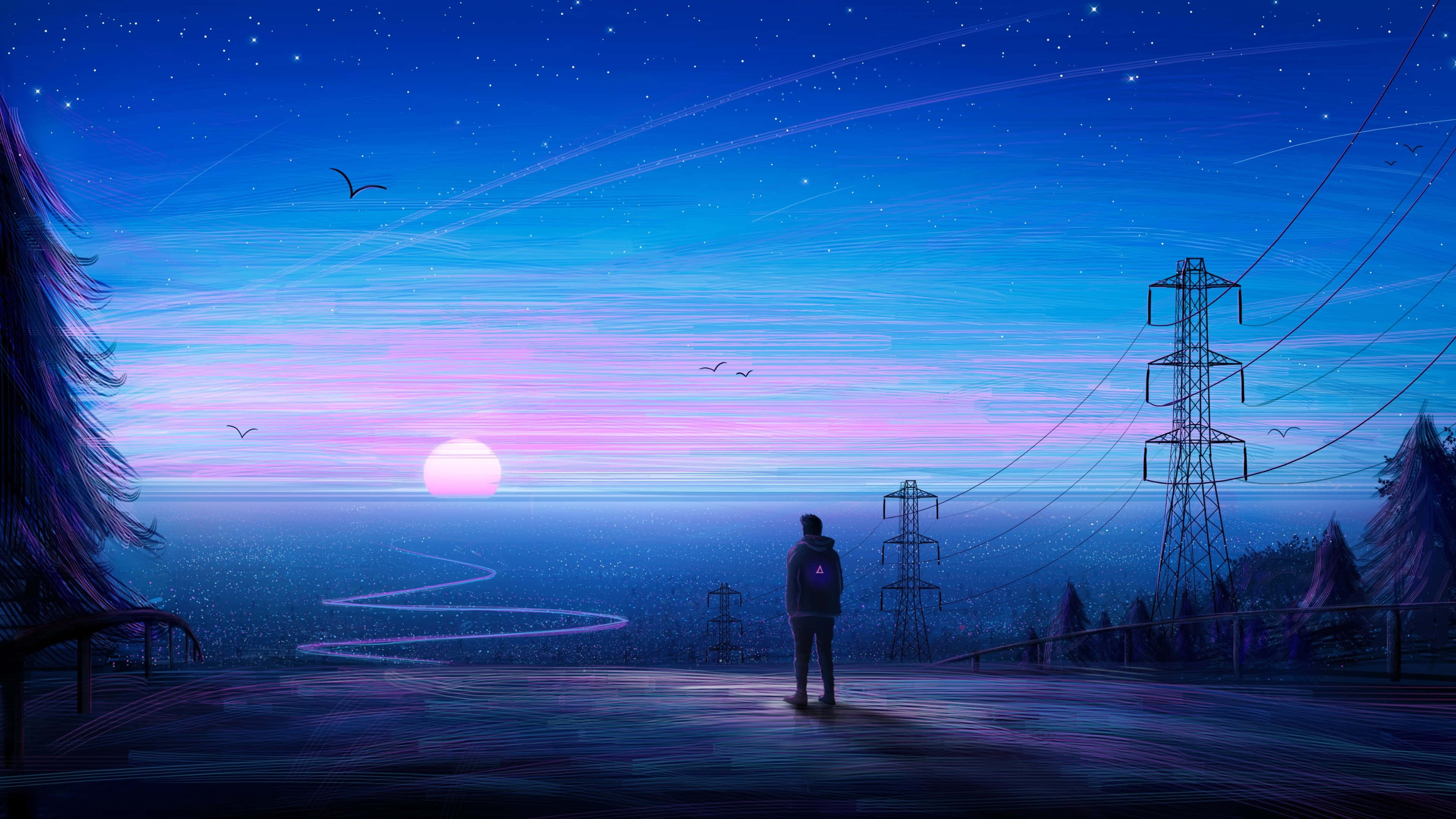 erased 4k, starry twilight sky, glowing pink sun, 2K Desktop Wallpaper