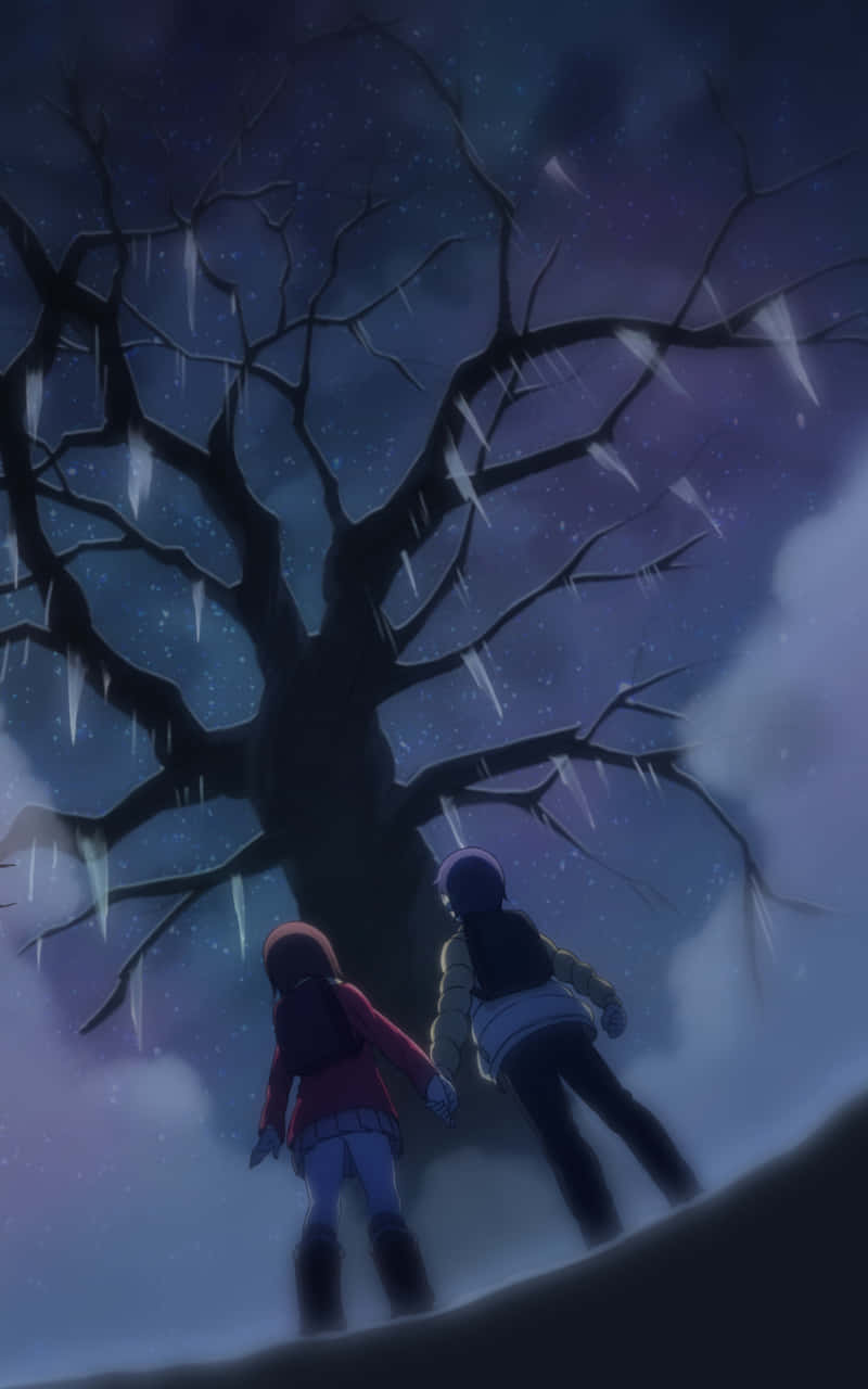 Erased Anime, dead frozen tree, winter coats, HD Phone Wallpaper