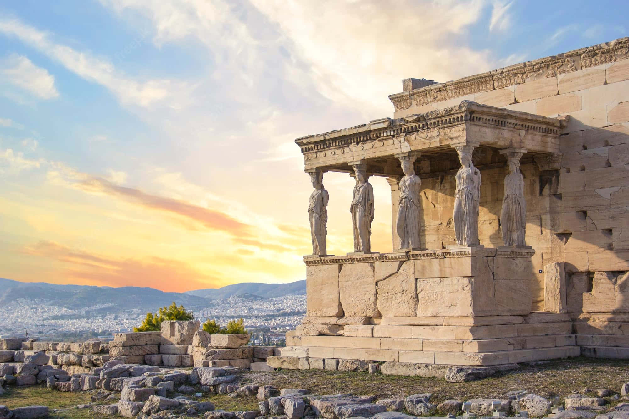 Erechtheion, sunset, golden light, Full HD Desktop Wallpaper