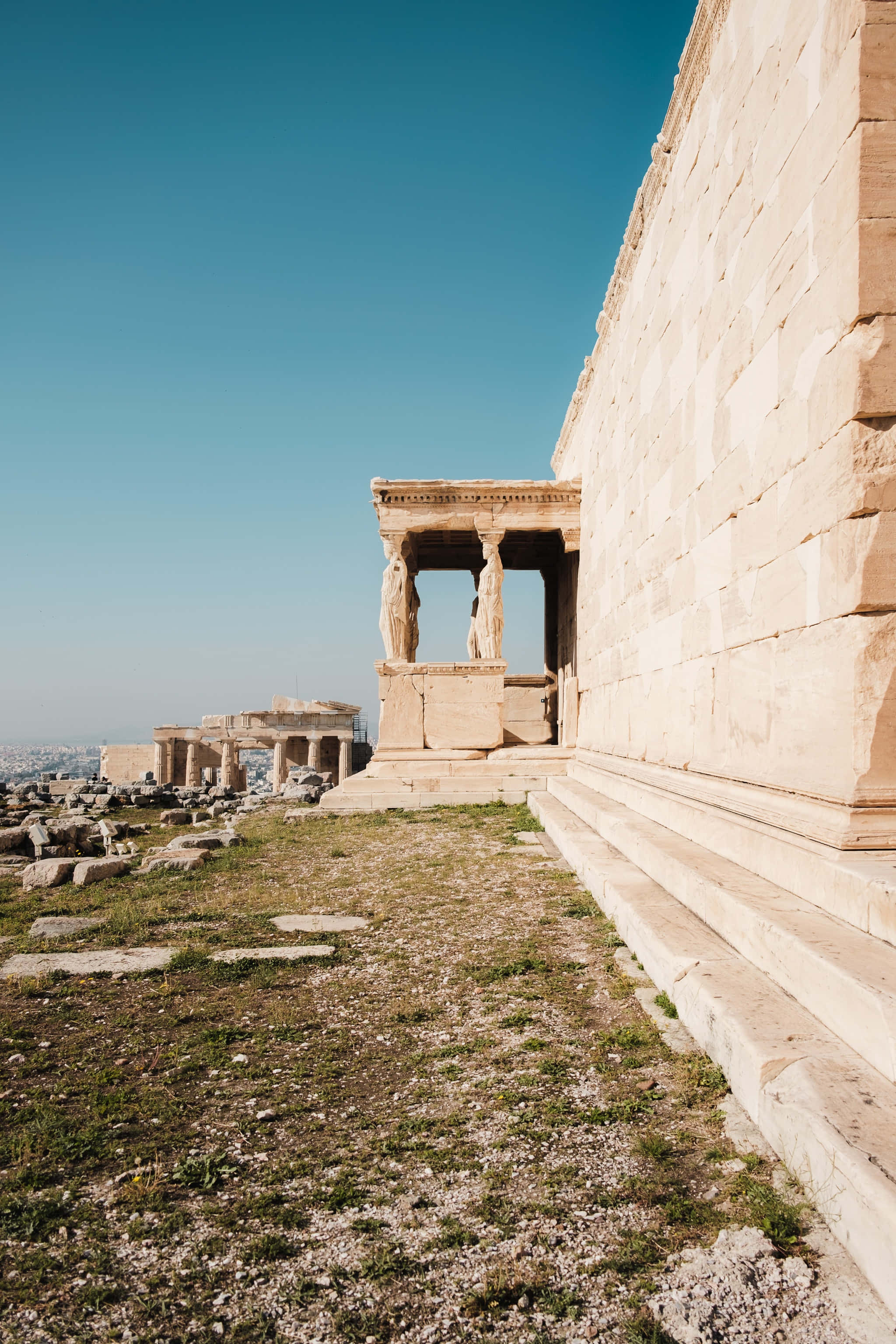 Erechtheion, caryatid columns, ancient Greek temple, 2K Phone Wallpaper