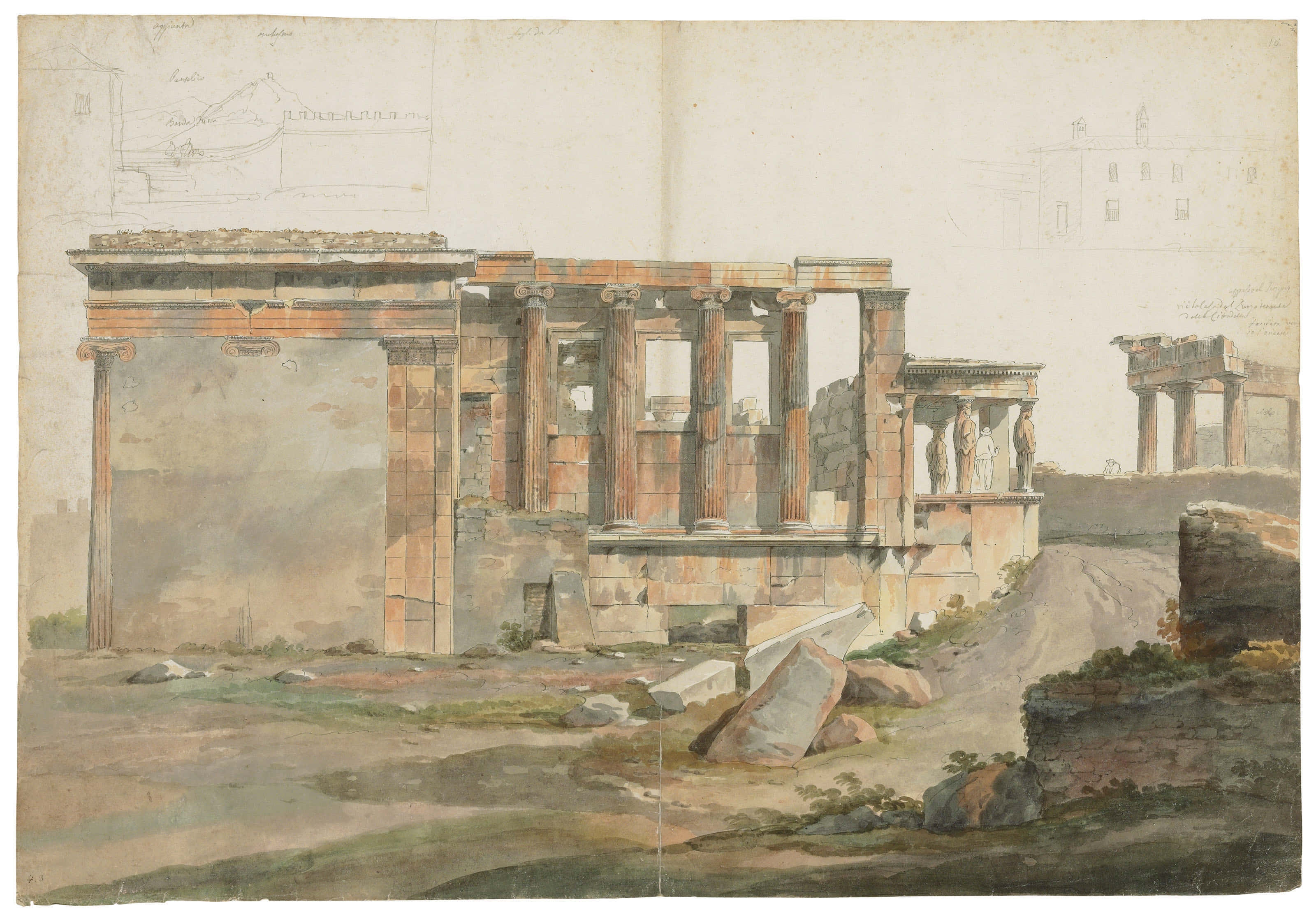 Erechtheion, watercolor sketch, ancient Greek temple ruins, 2K Desktop Wallpaper