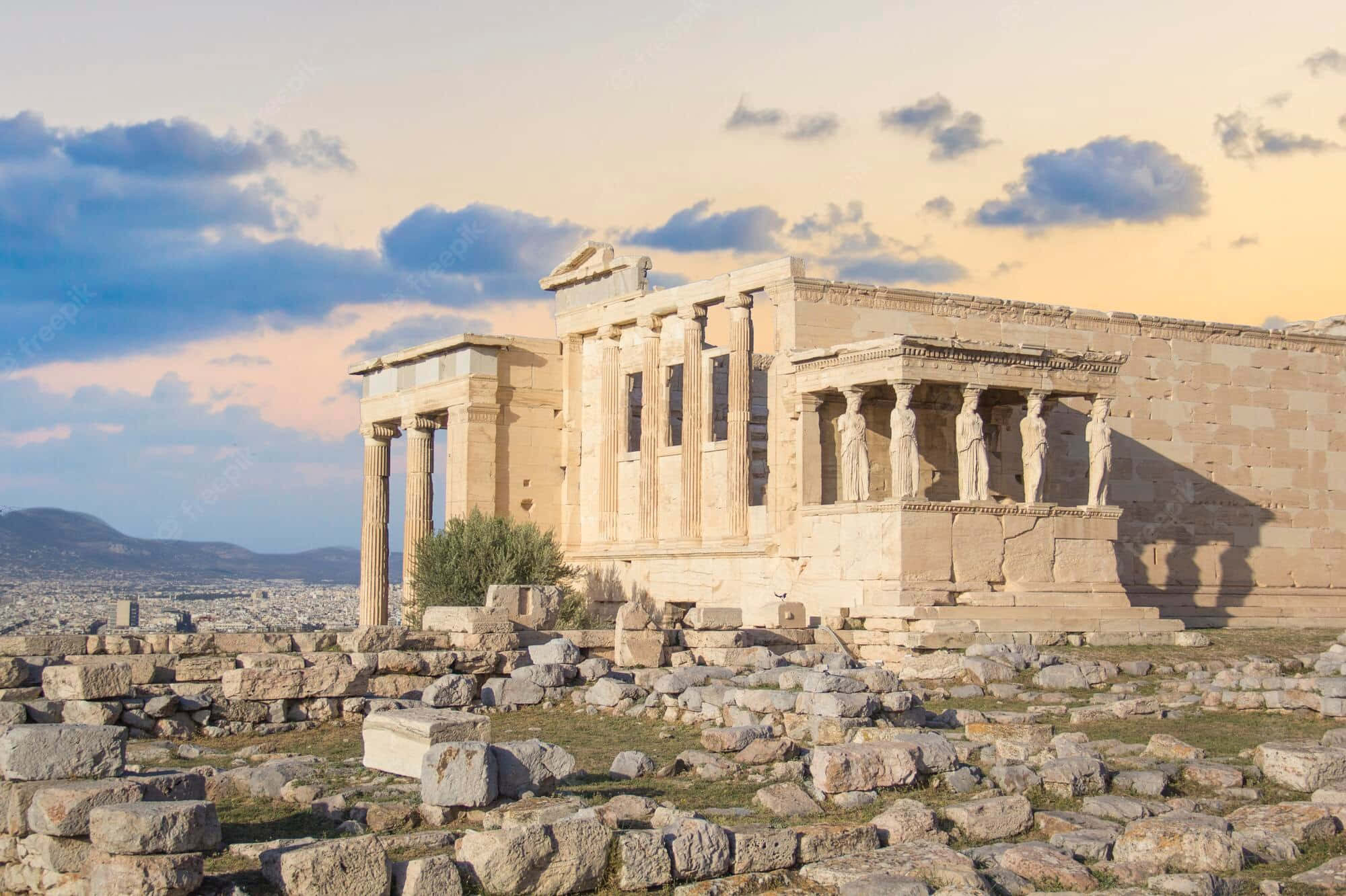 Erechtheion, golden sunset light, cloudy sky, Full HD Desktop Wallpaper