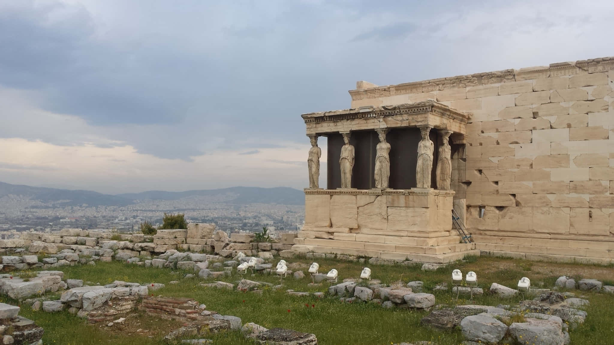 Erechtheion, caryatid columns, ancient stone temple, Full HD Desktop Wallpaper