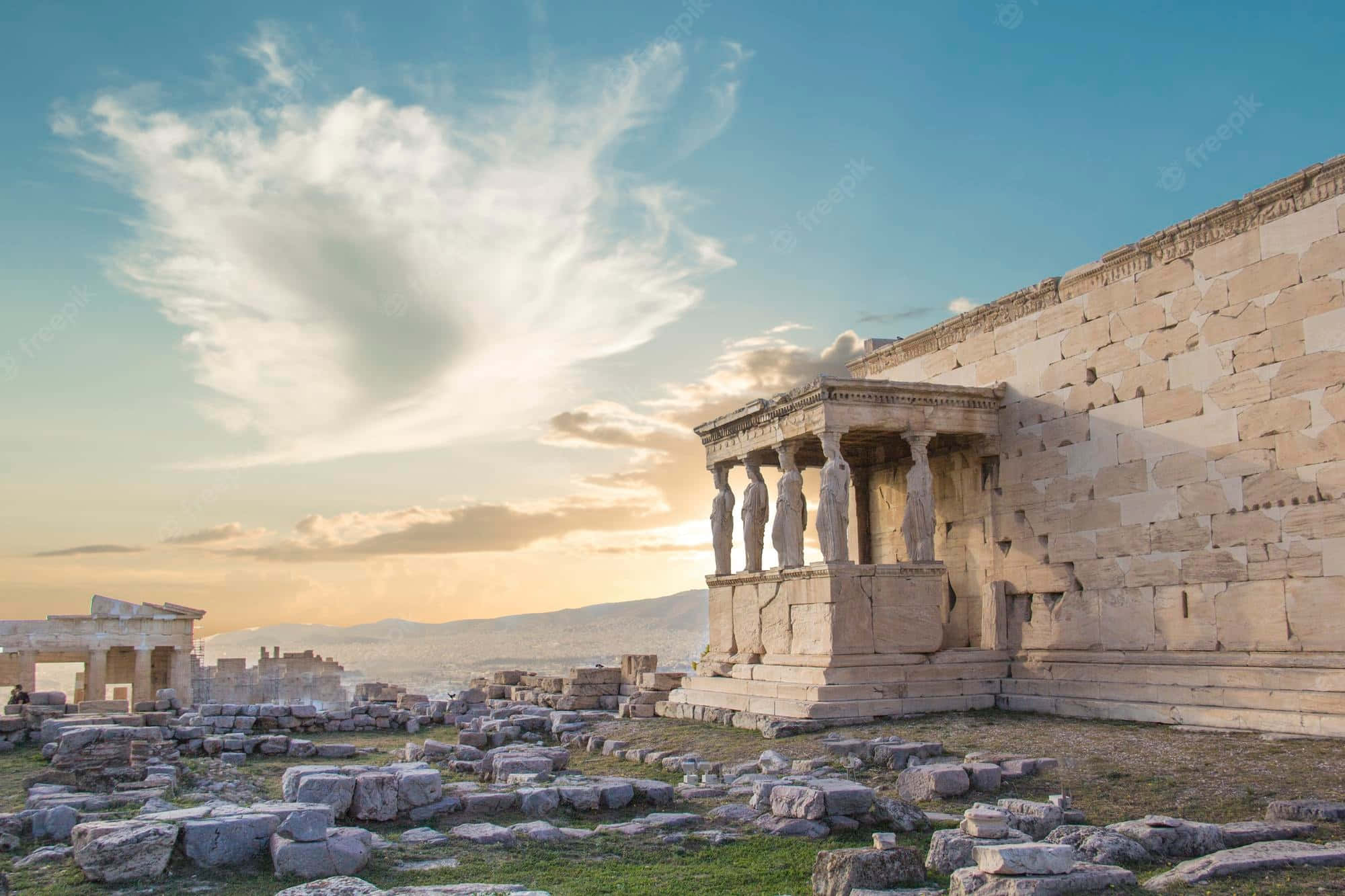 Erechtheion, golden sunset light, stone blocks, Full HD Desktop Wallpaper