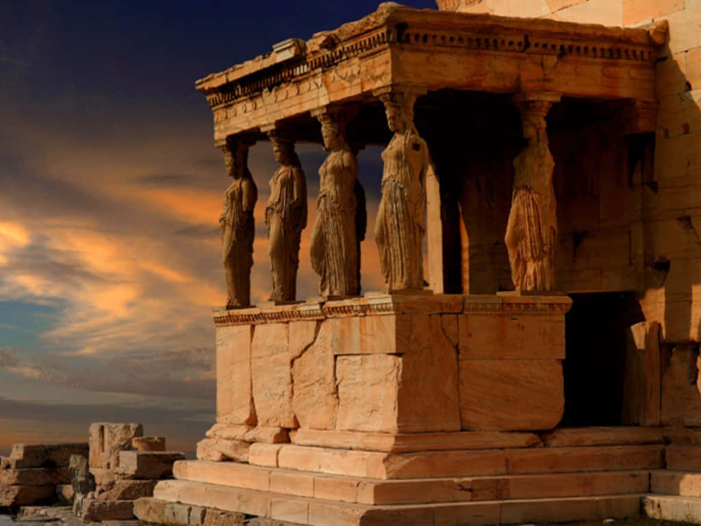 Erechtheion, caryatid temple, fiery sunset sky, SD Desktop Wallpaper