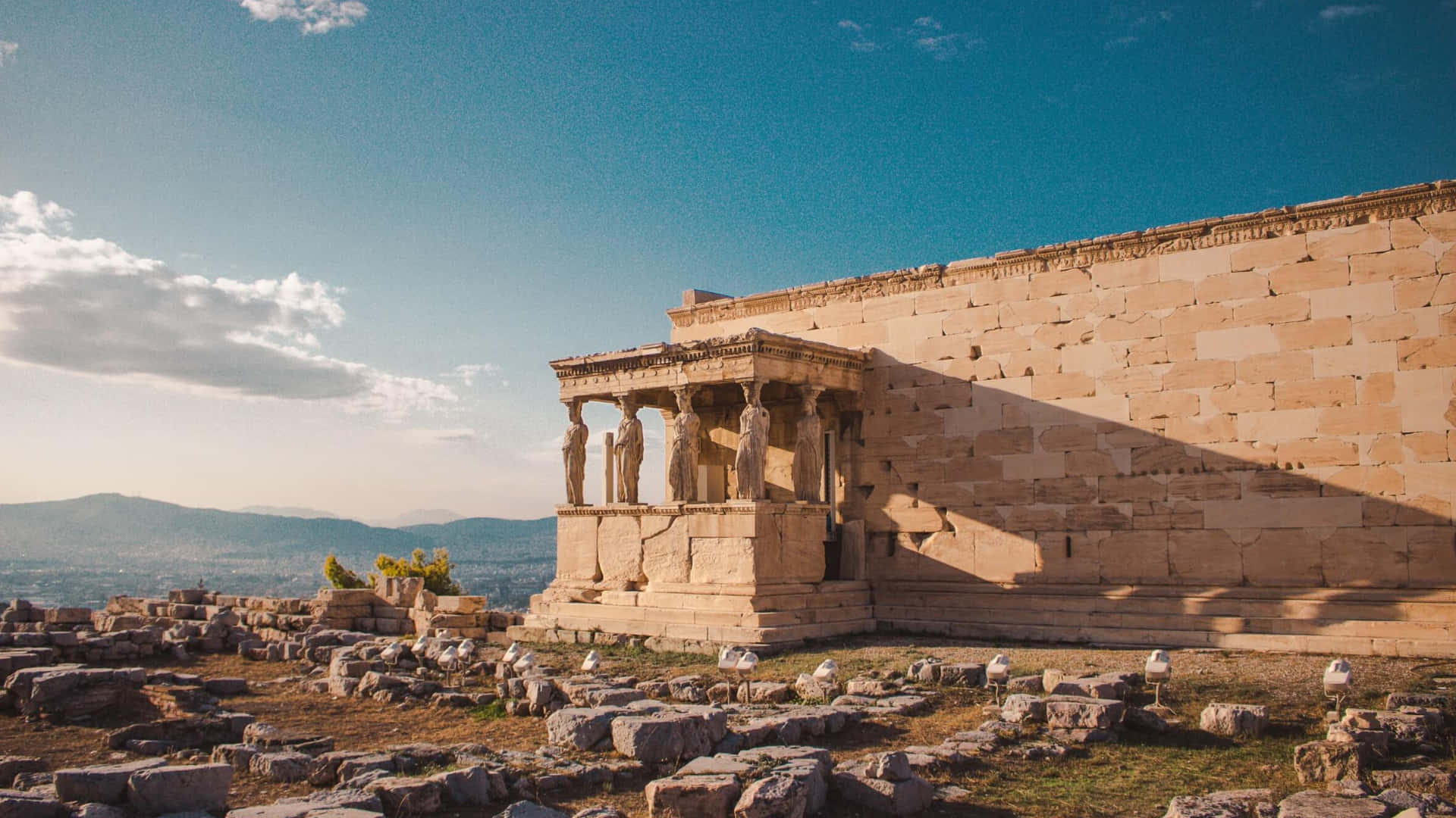 Erechtheion, caryatid columns, ancient stone temple, Full HD Desktop Wallpaper