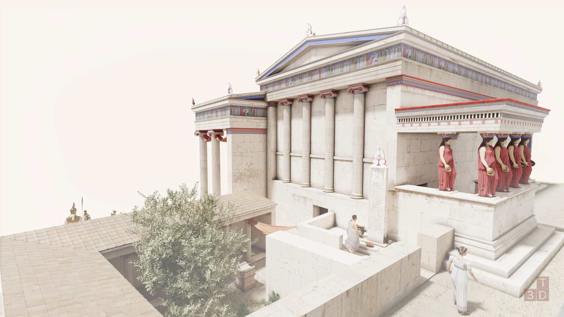 Erechtheion, red-robed caryatids, white marble columns, Full HD Desktop Wallpaper