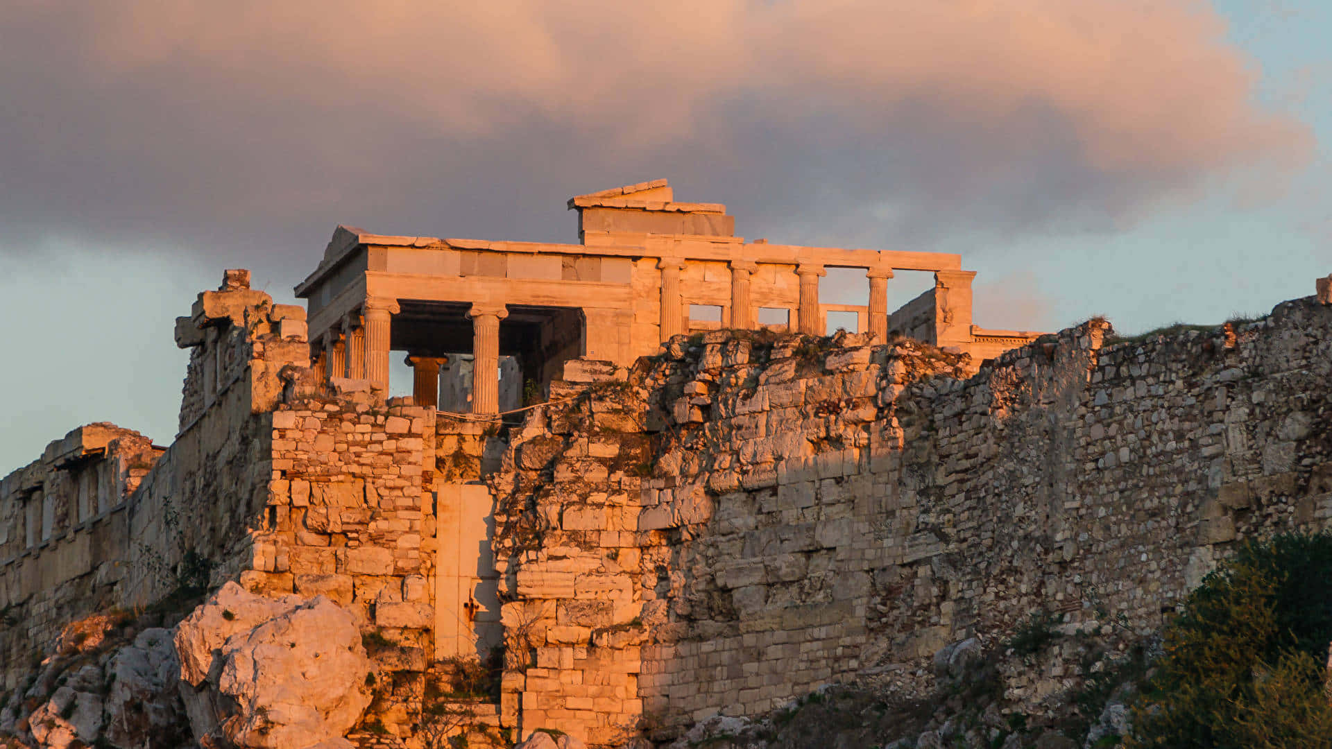 Erechtheion, golden sunset light, ancient Greek temple ruins, Full HD Desktop Wallpaper