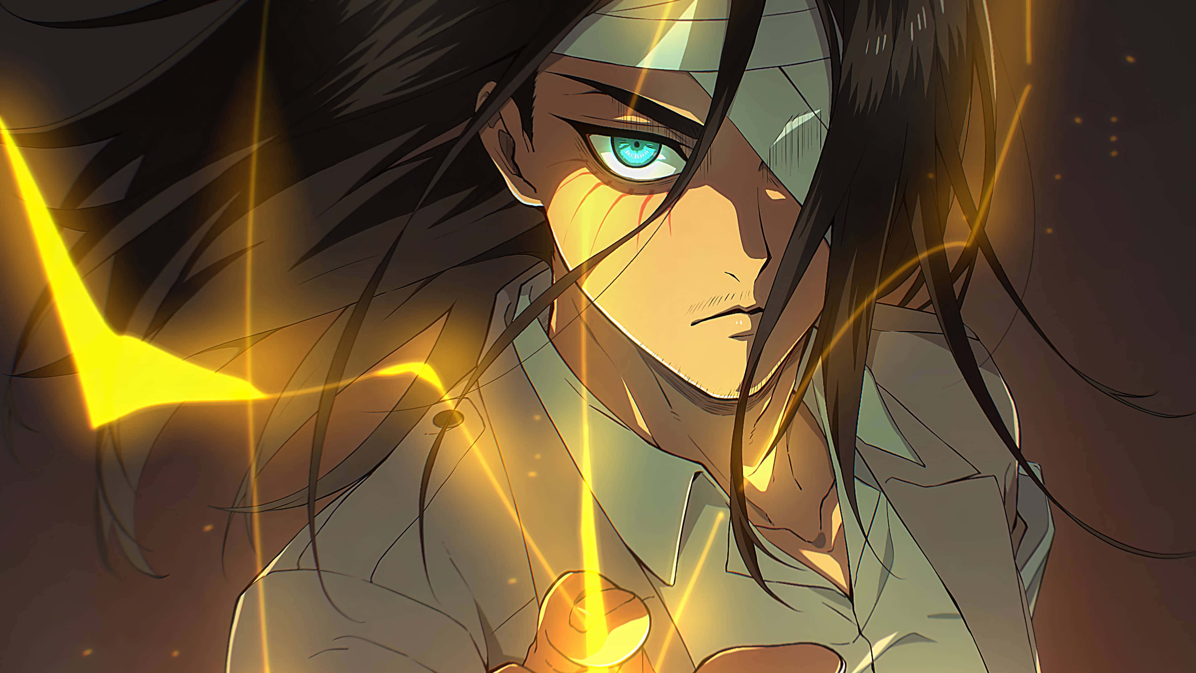 Eren Yeager, glowing green eyes, dark hair, 4K Desktop Wallpaper