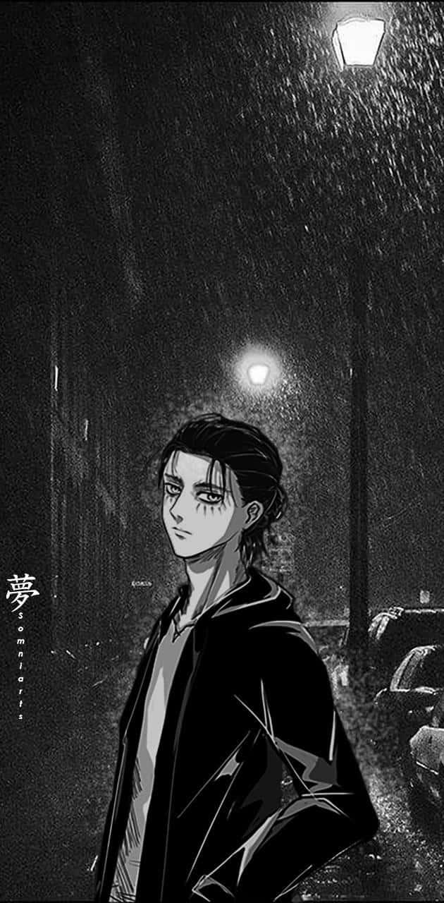 Eren Yeager, anime character, rain-slicked streetlights, HD Phone Wallpaper