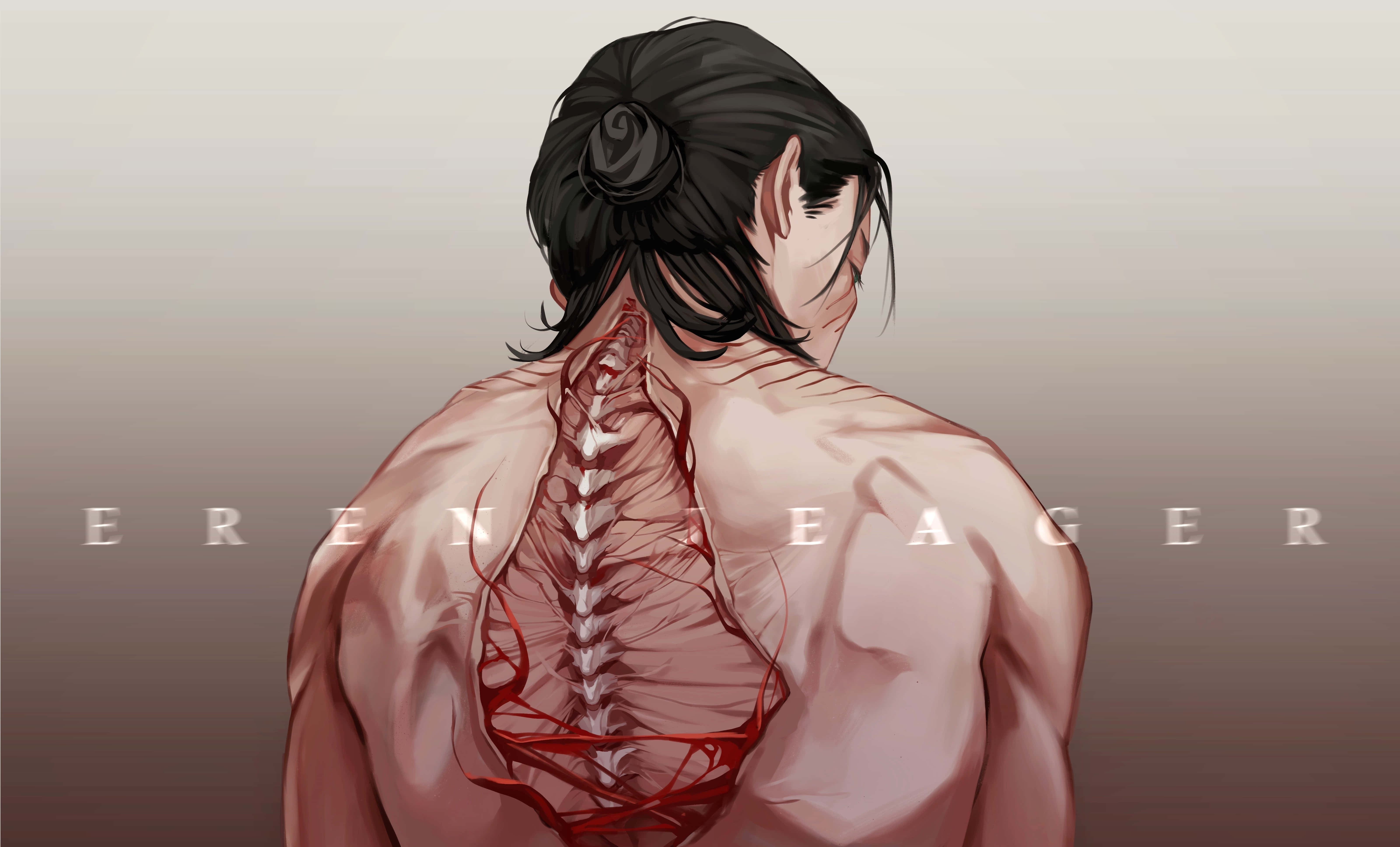 Eren Yeager, exposed spinal cord, red veins, 5K Desktop Wallpaper