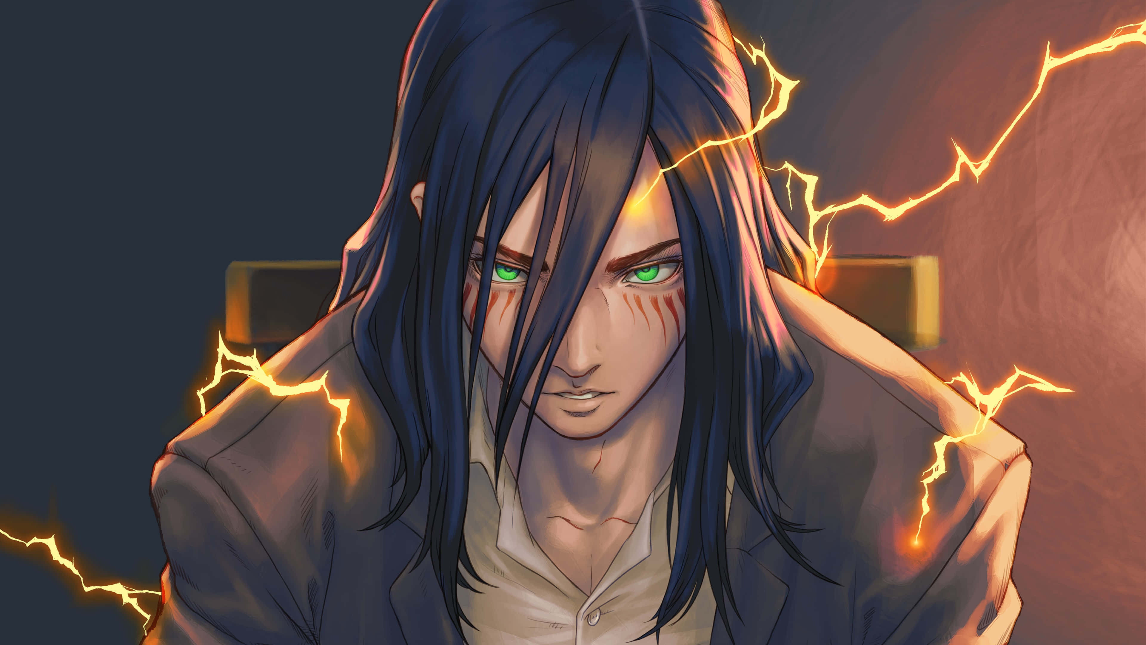 Eren Yeager, yellow sparks, glowing green eyes, 4K Desktop Wallpaper