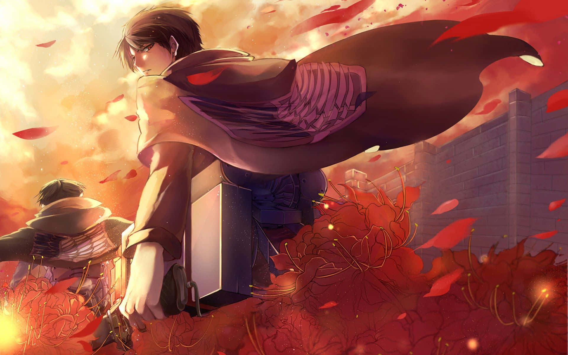 Eren Yeager, red flowers, flowing cape, Full HD Desktop Wallpaper