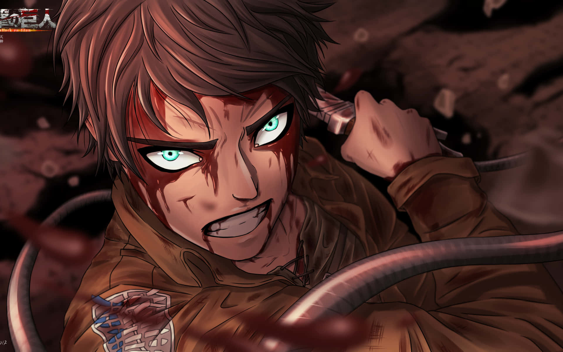 Eren Yeager, bloody face, glowing green eyes, Full HD Desktop Wallpaper