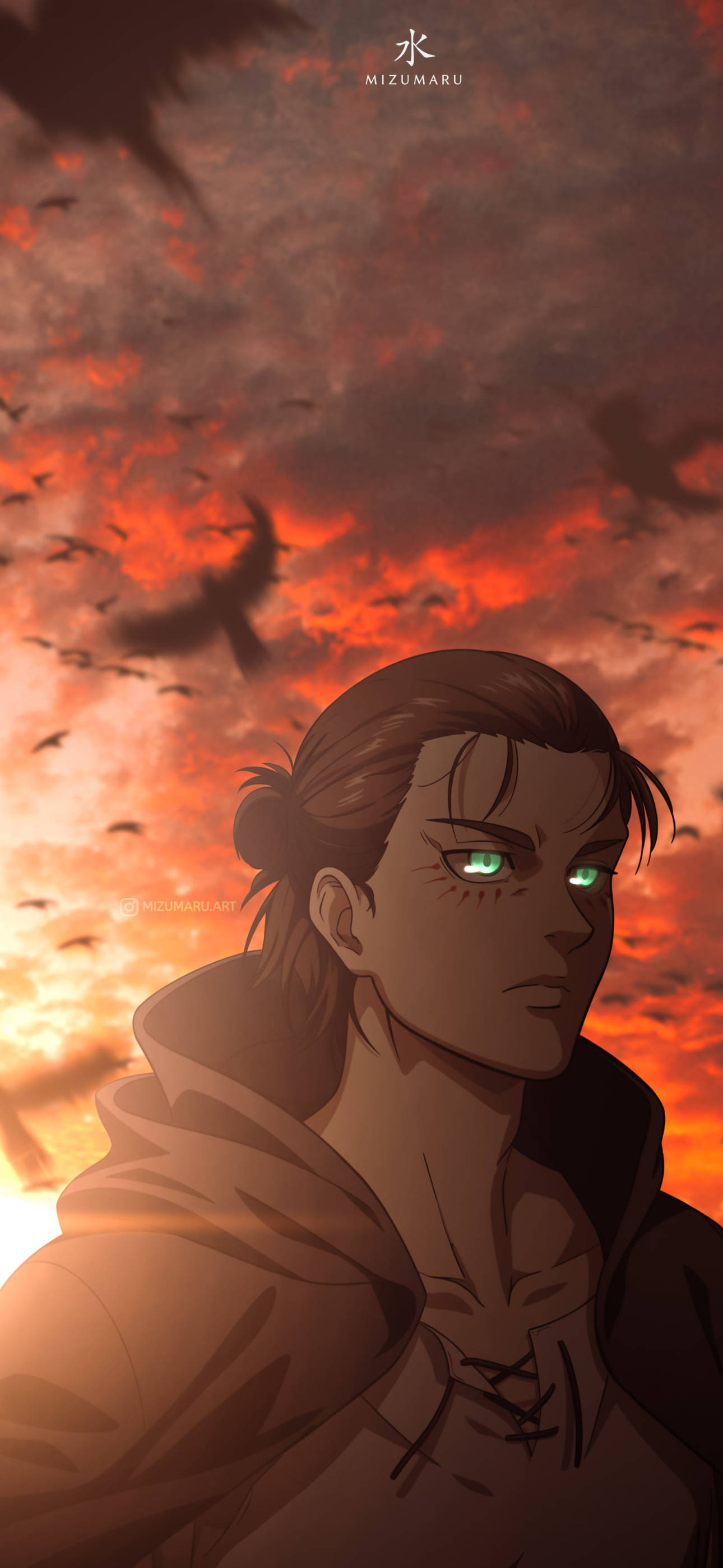 Eren Yeager, glowing green eyes, fiery orange and red sunset sky, 2K Phone Wallpaper
