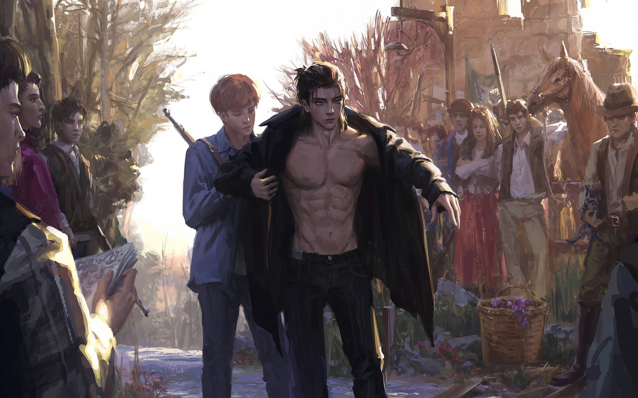 Eren Yeager, torn coat, sunlit medieval village, 2K Desktop Wallpaper